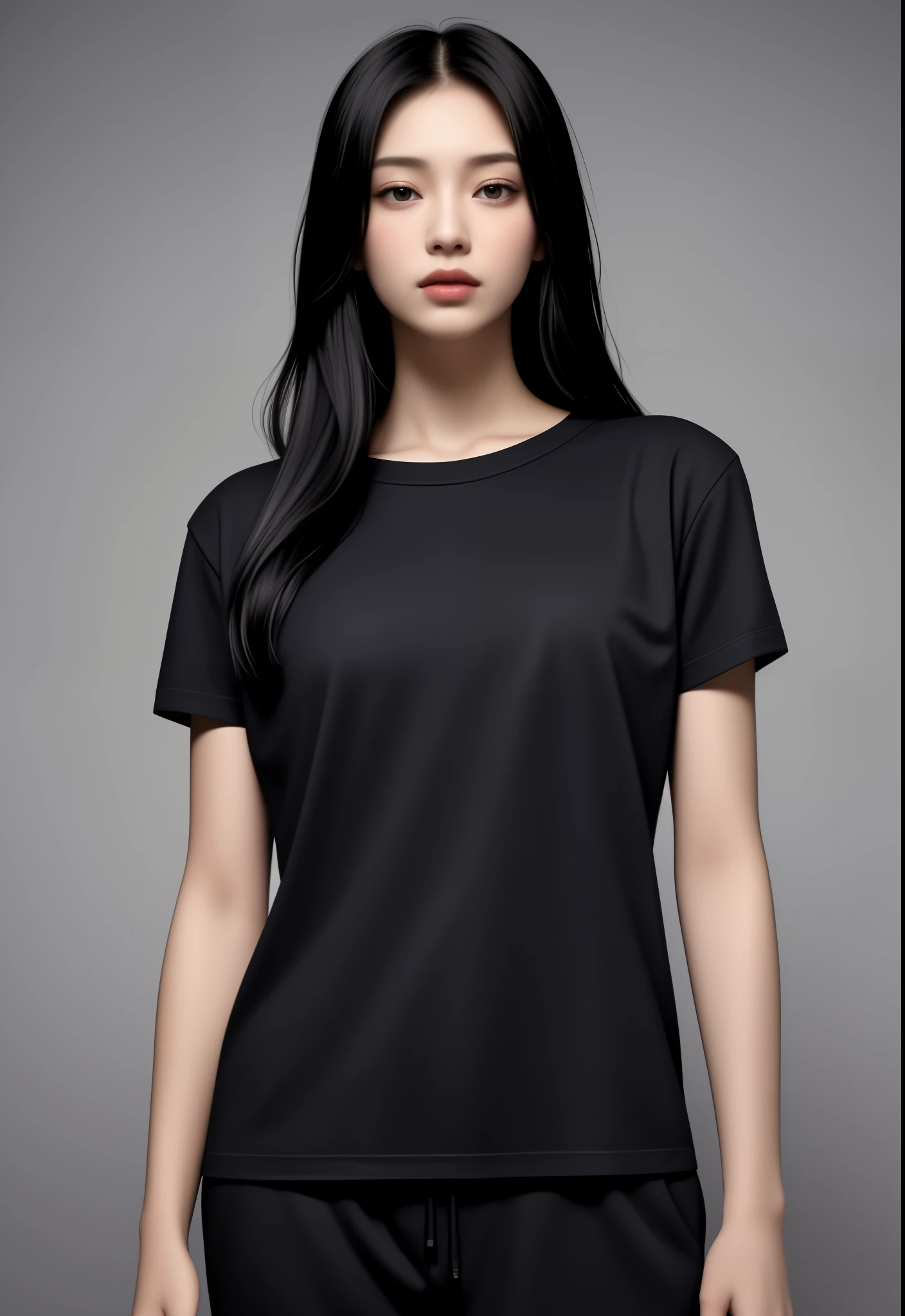 girl wearing a T-shirt, fully covered, baggy,flat black shirt, t-shirt, pretty girl, medium breasts, beautiful, model, hot face, background flat, flat color, Gray Background, full pants, sweatpants, sweatshirts, baggy clothes
