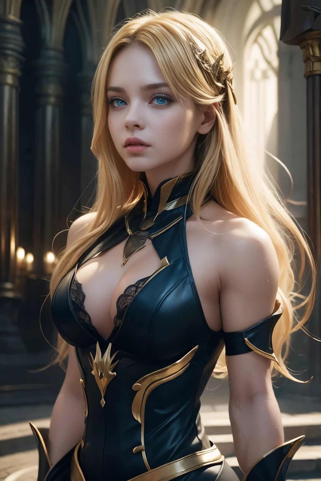 (extremely detailed CG unity 8k wallpaper,masterpiece, best quality, ultra-detailed),(best illumination, best shadow, an extremely delicate and beautiful),floating,high saturation,blonde hair+blue eyes:1.2,gloomy gothic scenery, long hair, gaze into the distance. (A beautiful girl with long blonde hair and blue eyes sparkling gothic lighting)