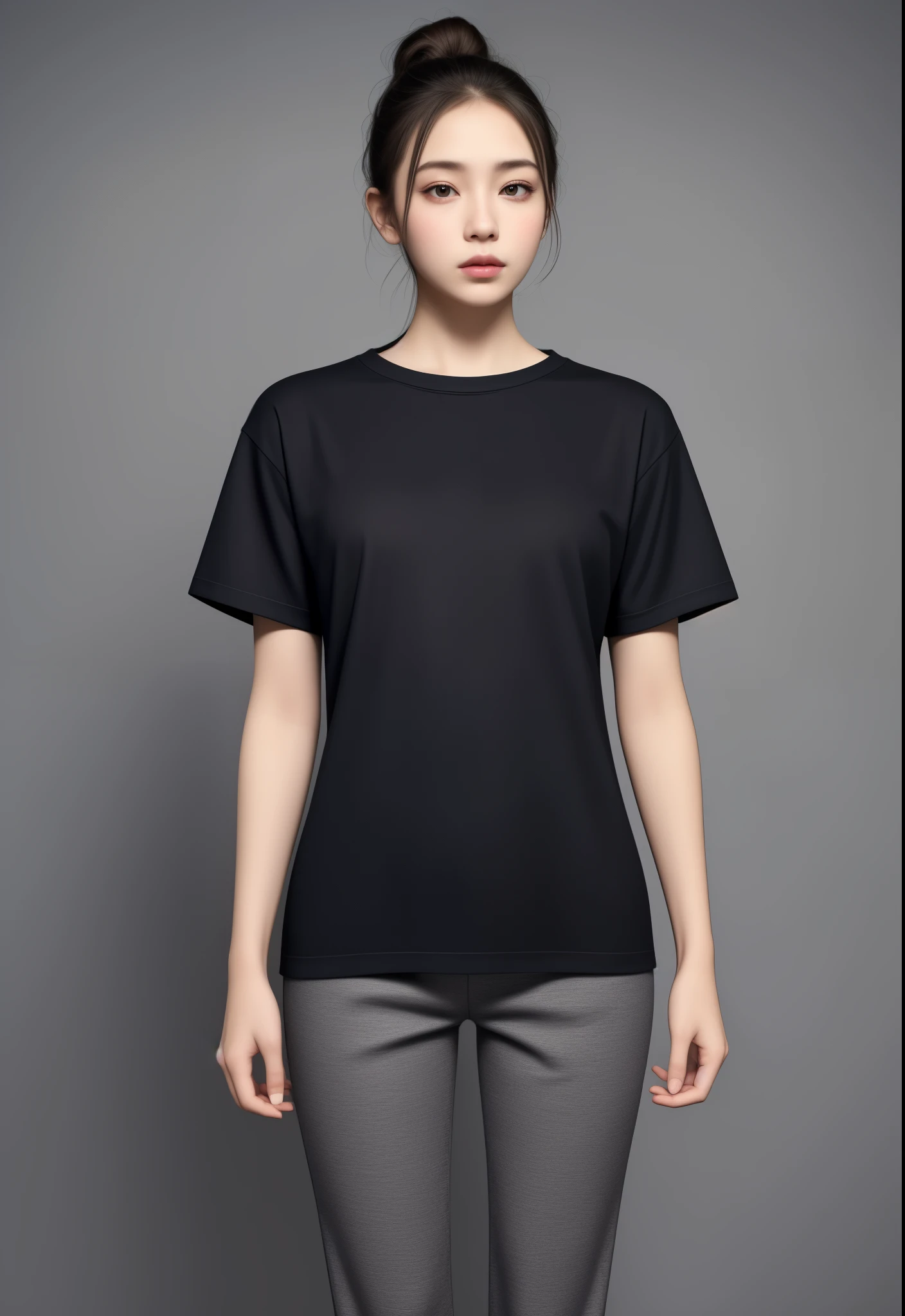 girl wearing a T-shirt, fully covered, baggy, flat black shirt, t-shirt, pretty girl, medium breasts, beautiful, model, hot face, background flat, flat color, Gray Background, full pants, sweatpants, sweatshirts, baggy clothes