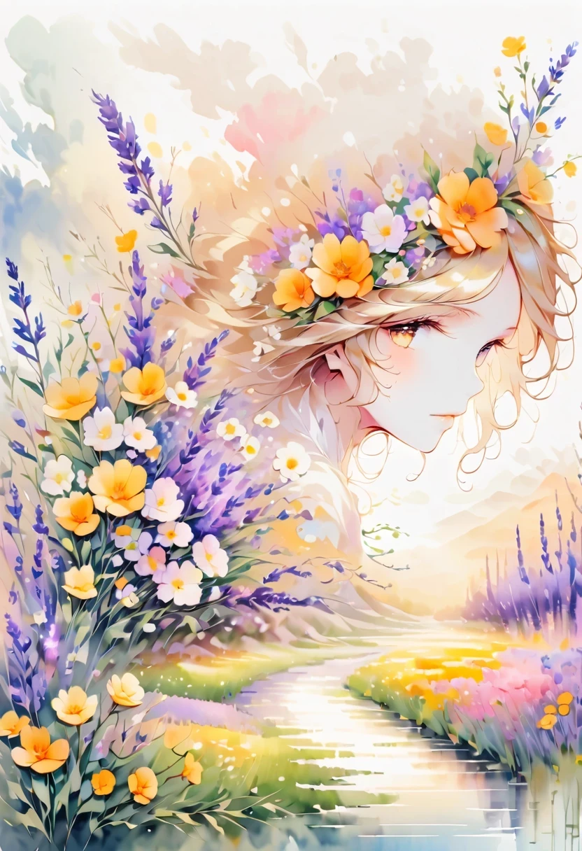 pastel tones,Elegant style,Comfortable and peaceful,nature,Warm and comfortable,garden,This watercolor flower painting presents an elegant and fresh visual effect。Wildflower and lavender fields,Forming the perfect combination of nature and romance。The screen is dominated by a white background,Highlight isolated watercolor flower。Splash technology recreates wet conditions,The atmosphere seems vague and dreamy。The unique composition and abstract expression add to the artistic sense of the picture.,Contains elements of surrealism。The overall color tone is mainly light colors,Lilac and green complement each other beautifully,Show high-resolution details。The splash-ink effect adds a touch of agility to the picture,The light color gives the flowers a deep and restrained beauty.。