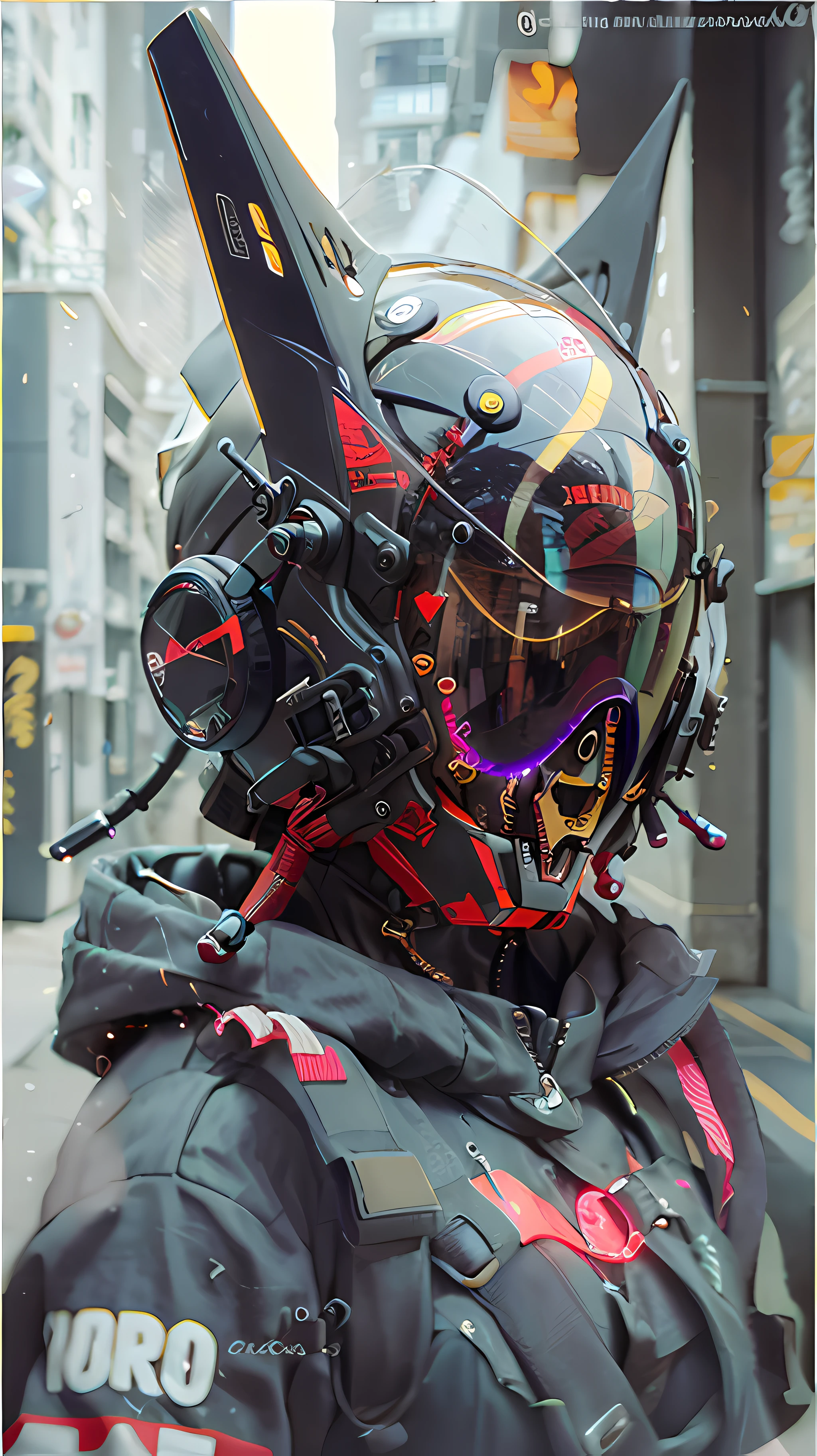 original, obra maestra, calidad superior, cyborg woman in a red circle illuminated cyber helmet with black ears, chaqueta negra, Sunny day, en la calle