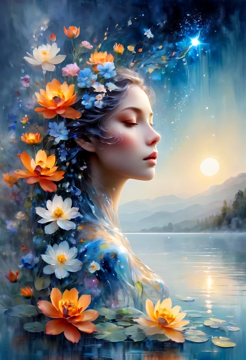 imagine a glass woman, Her exquisite figure is like a sculpture-like work of art, Crying in the Starry Sky. The blue night enveloped her, Casting a melancholy light over her ethereal figure. Her glass body glows with bright blue hues, Every line and curve is etched with intricate detail. The glass in her eyes reflects the twinkling stars, Reflecting the infinite depth and emotion of the universe. Her sadness is beyond words, But her beautiful figure remains unaffected, Proof of the extraordinary power of emotion. This 4K glass woman is an exquisite picture of light and shadow, color, and feeling, arrive,body glow,glowing line,fluorescence,Luminous example,Tracking example,flash,萤light particles,backlight,translucent,light particles,correct human anatomy,