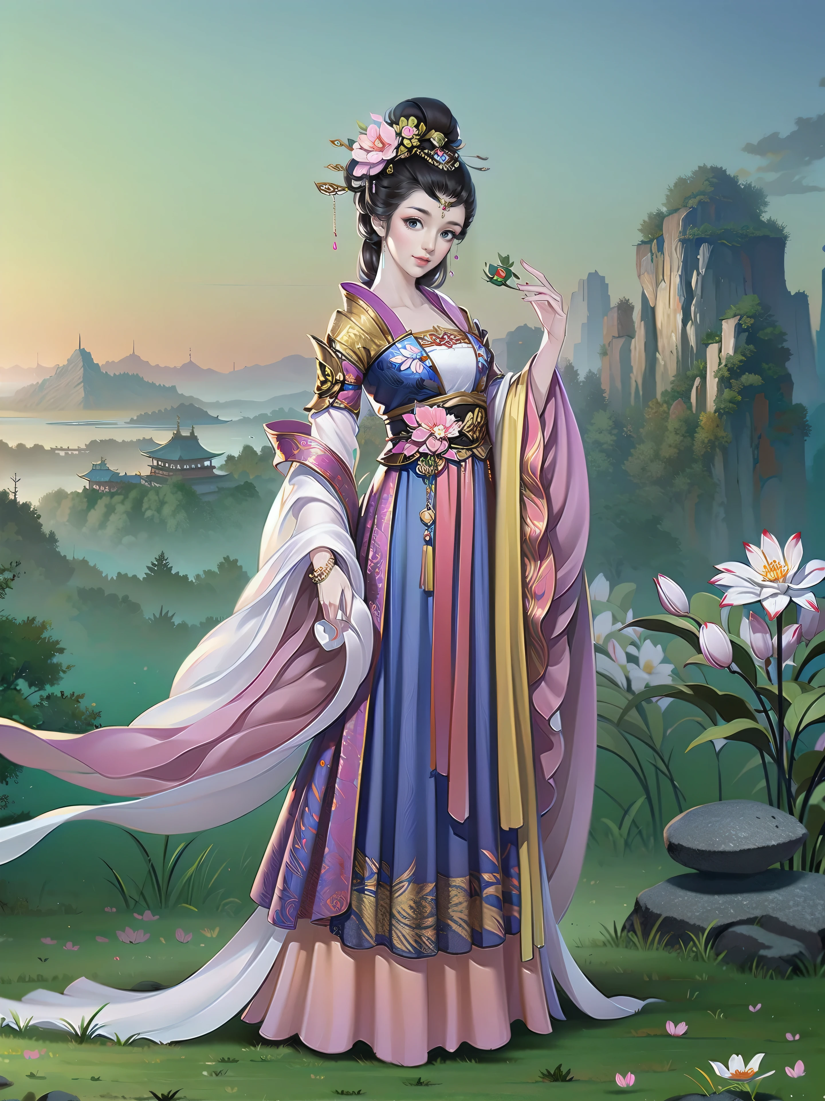 （masterpiece，super detailed，HD details，highly detailed art）A girl standing in a garden，Stone road，flowers and grass，alone，Smile，spring，peach blossom，palace，Highly detailed character designs from East Asia，Game character costume design，ultra high resolution, sharp focus, epic work, masterpiece, (Very detailed CG unified 8k wallpaper)，pretty face，beautiful eyes，HD details