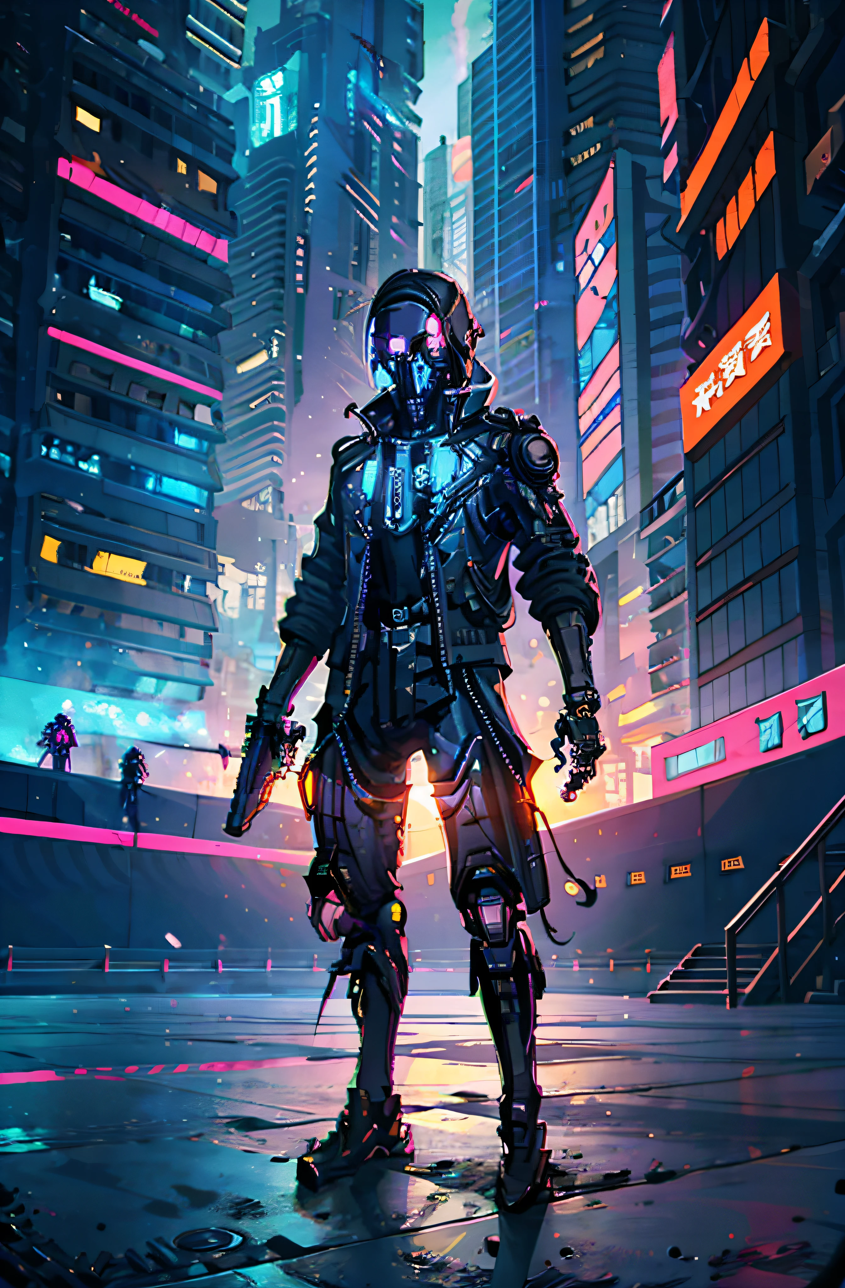 cyber soldier with gun in hand in a futuristic city(Esqueleto), (Esqueleto), (ciborg),estilo de arte ciberpunk, Cyberpunk pixel art, estilo de arte ciberpunk, cyberpunk Esqueleto, arte del anime ciberpunk, arte anime digital ciberpunk, ciberpunk muy detallado, ciberpunk digital - arte anime, detailed cyberpunk illustration, sombreado ciberpunk, cyberpunk themed art, vaquero del ciberespacio,  arte del anime ciberpunk, arte ciberpunk, colores vibrantes del cyberpunk, (anatomically correct)