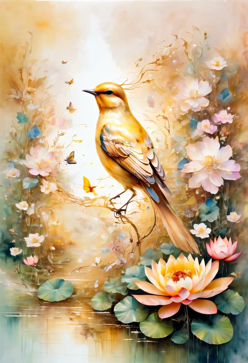 golden bird;lair，pastel tones，light style，Comfortable and calm，nature，Warm and cosy，garden，Super detailed masterpiece, Dynamic, high quality,Floating Extra Large Ethereal Dream 