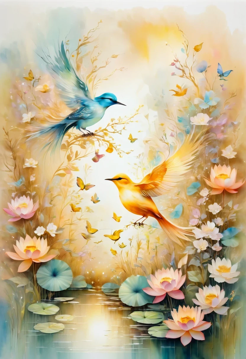 golden bird,lair,pastel tones,light style,Comfortable and calm,nature,Warm and cosy,garden,Super detailed masterpiece, Dynamic, high quality,Floating Extra Large Ethereal Dream