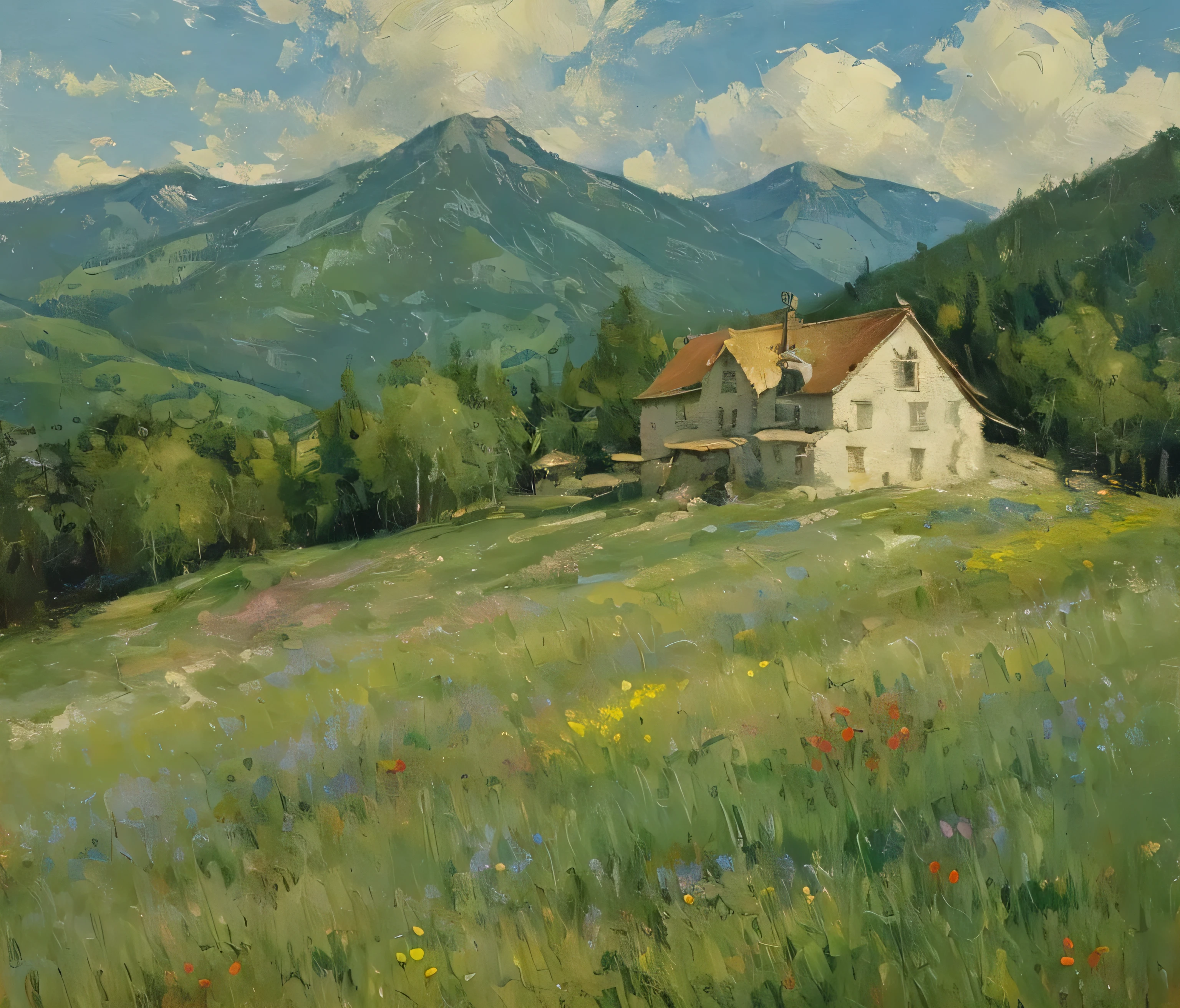 (masterpiece, realistic:1.3), town, house on a mountain, mountain in horizon, autmn, flower field, grass, beautiful scenery, sky, oil painting, detailed, 4k texture, 