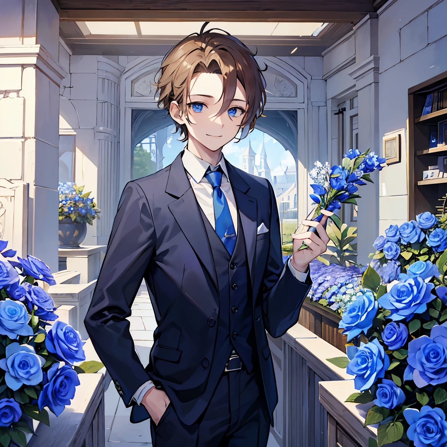 (masterpiece、4K、detailed)A cool male merchant dressed in a suit、blue tie(light brown hair、All back with forehead sticking out、Alone、looking at the camera、blue eyes、innocent smile)The background is a castle town、blue flower shop