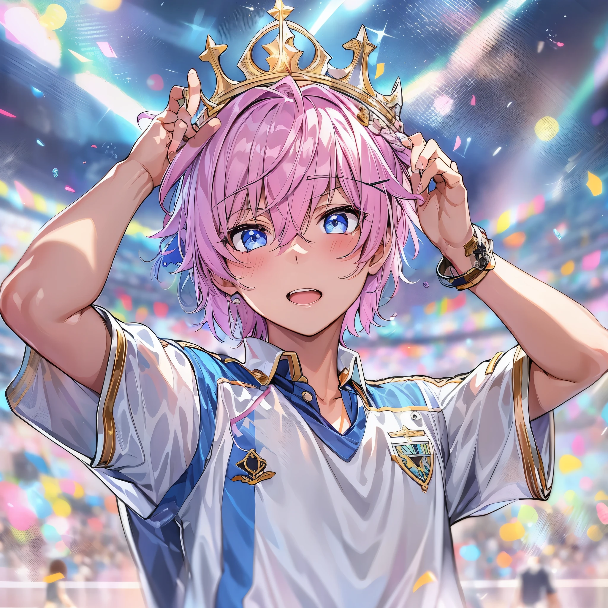 (1boy, masculino),uniforme de futebol, aquamarine eyes, Campo de futebol, astolfo fate short hair, crown over the head