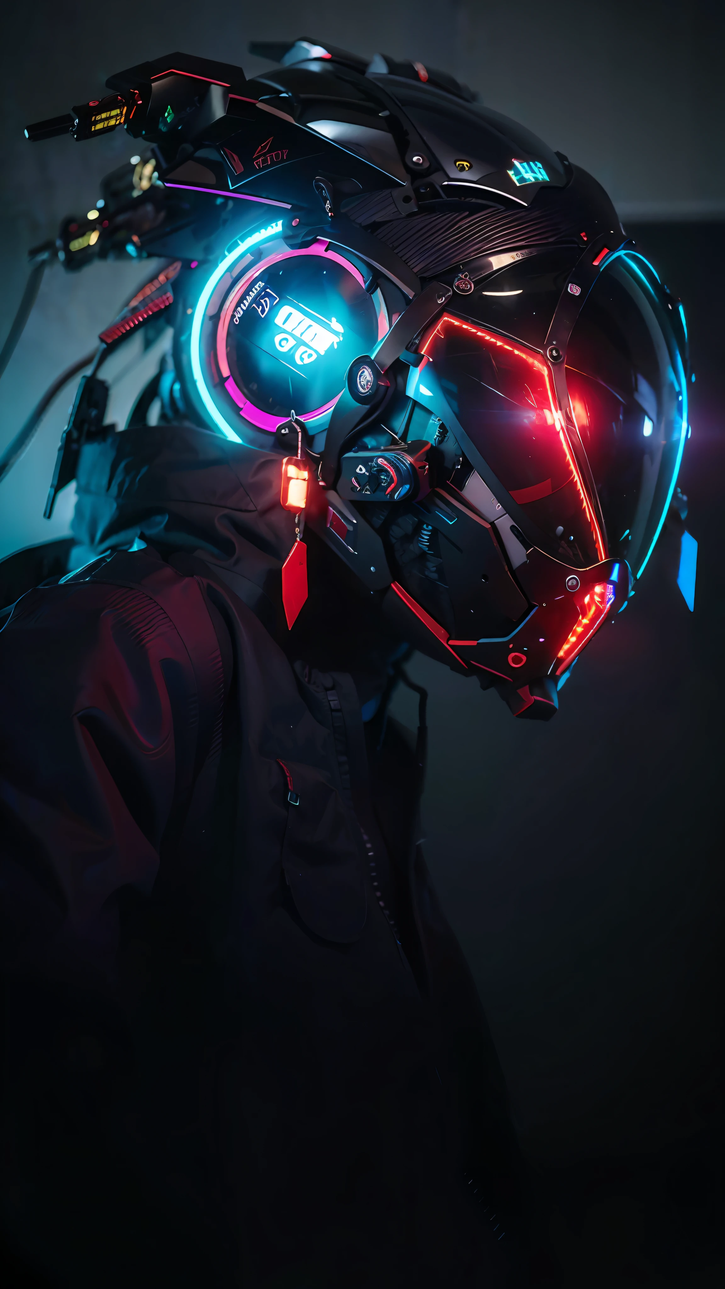 obra maestra, Mejor calidad, a closeup of a futuristic looking cyborg girl with a fantastic cyber helmet head with red triangular LED lights and a halo, vestido con una chaqueta Techwear negra, Fondo blanco de cuerpo completo.