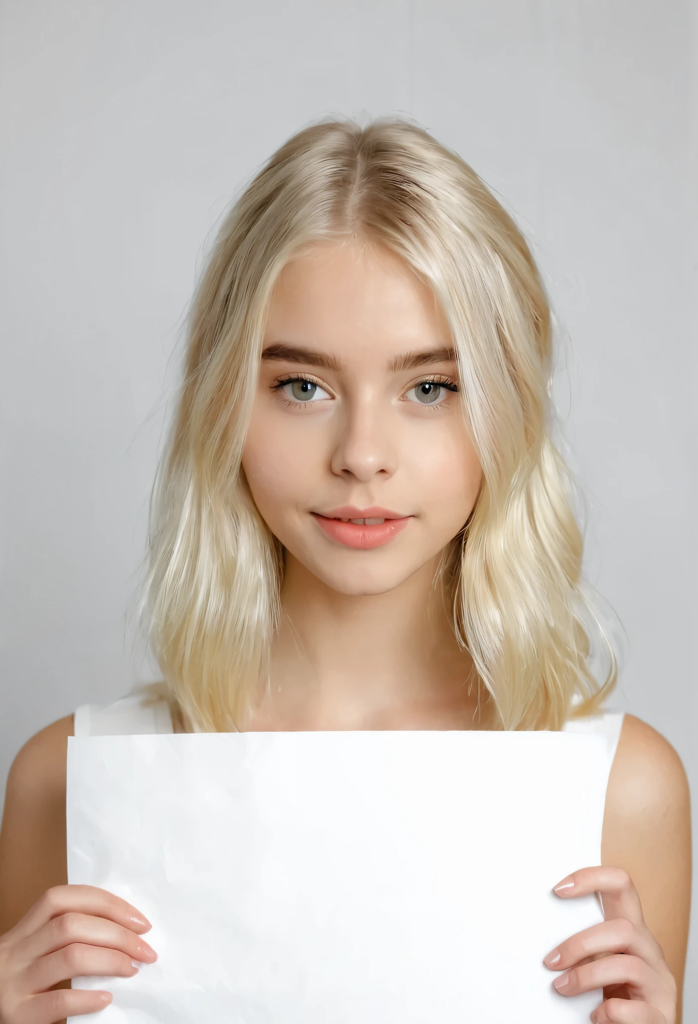 Blonde girl holding a white sheet of paper in front of her