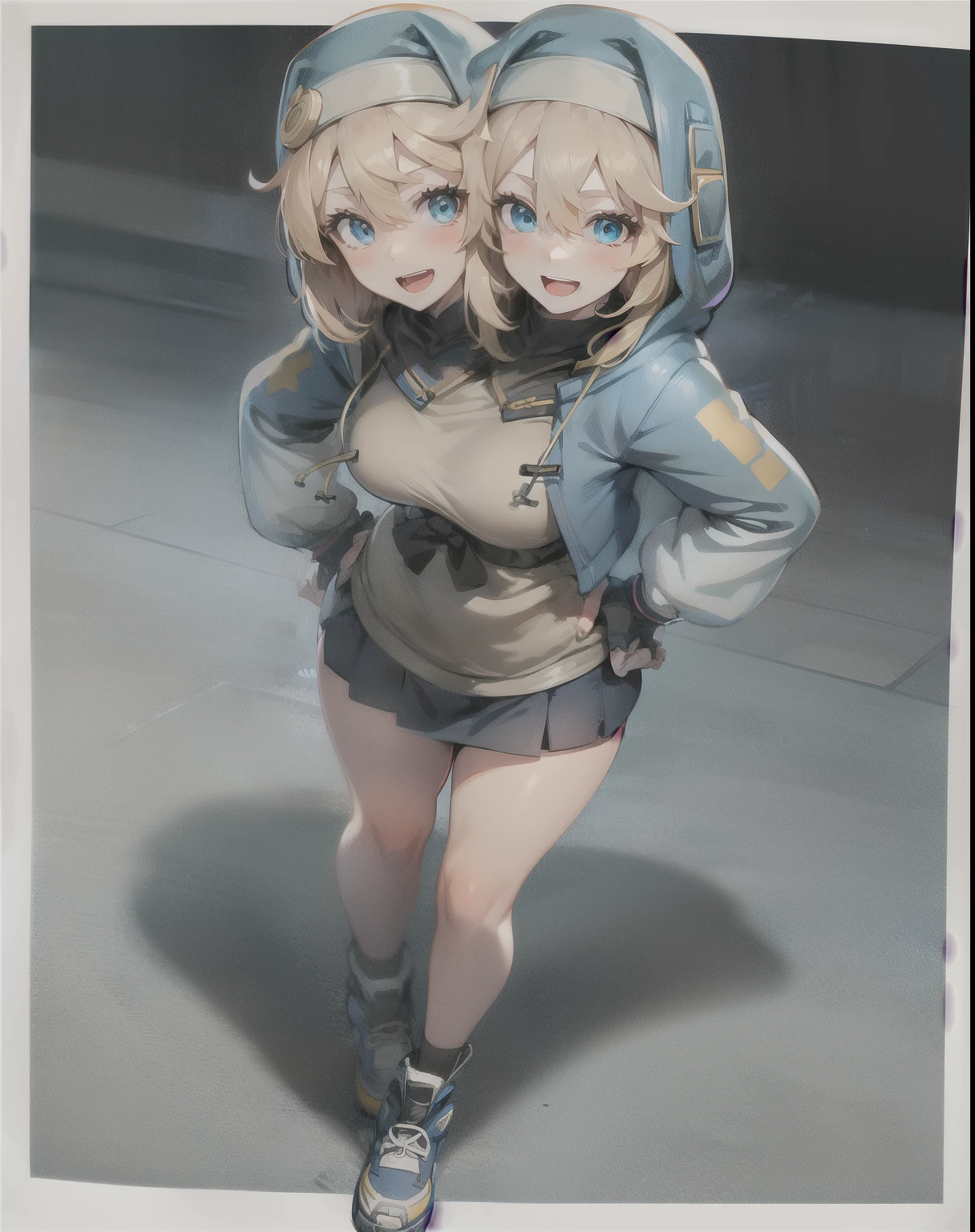 (2heads:1.5), full body,blonde hair,otoko no ko,female focus,1girl,hood,solo,gloves,looking at viewer,fingerless gloves,jacket,hooded jacket,hood up,long sleeves,habit,smile,hair between eyes,blush,black gloves,skirt,open mouth,bangs,blue jacket,bike shorts,simple background,blue eyes,bridget girl, standing, hands on hips, thick thighs
