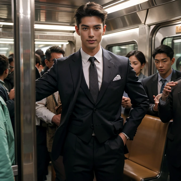 man in the subway,Standing in a subway car,Ultra-flat head,Wearing a suit,huge bulge, leg apart,musculous,Handsome, pervert smirk,exhilarated,full bodyesbian,Exposing thighs, In crowded subway cars, 16k resolution , ultra-high clarity , hyperrealism , ultra hd picture , uhd , details face , details , handsome man , high quality