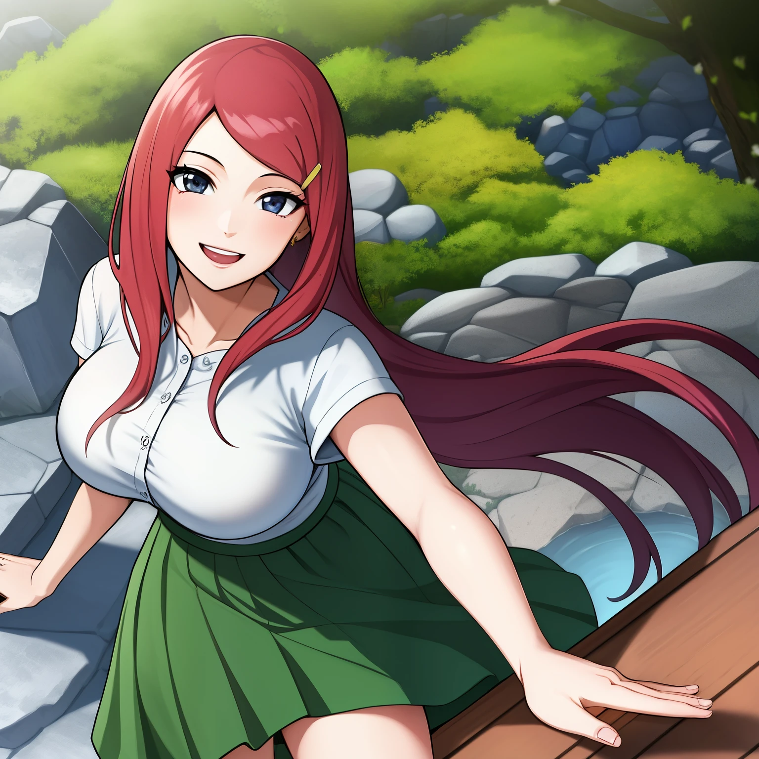 Scroll_Kushina, big deal_breast, permanent, alone, Kushina_green_skirt, masterpiece, best quality, Detailed face, delicate eyes, high resolution, Smile, happy, Cherry tree, hot spring, Reality, point of view,