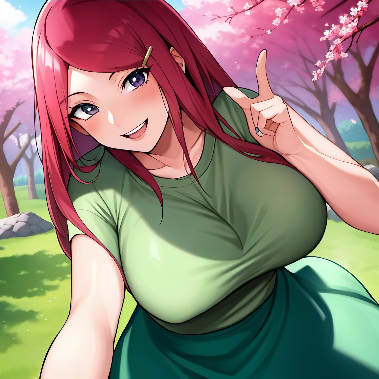 Scroll_Kushina, big deal_breast, permanent, alone, Kushina_green_skirt, masterpiece, best quality, Detailed face, delicate eyes, high resolution, Smile, happy, Cherry tree, hot spring, Reality, point of view,