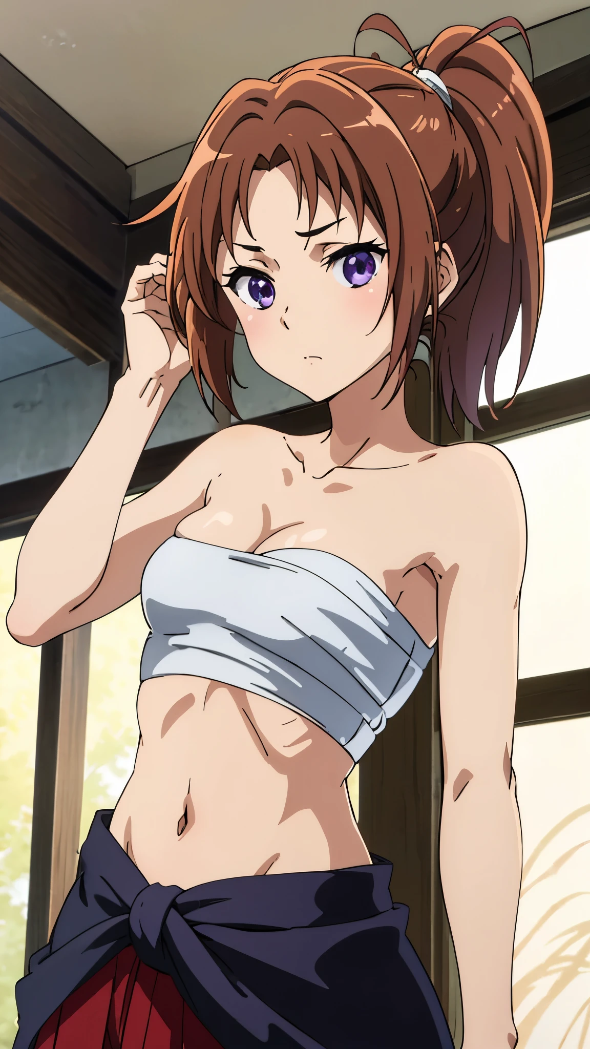 masterpiece, highres, solo, 8k, detailed, perfect face, best quality, (ultra high quality), (looking at viewers), (armpit), collarbone, bare arms, medium breast, cleavage, brown hair, auburn hair, long hair, ponytail hair, violet eyes, belly, stomach, navel, abs, sarashi chest, bandaged breast, (red hakama), slim body, upper body, emotionless, flat face, at forest, hand up