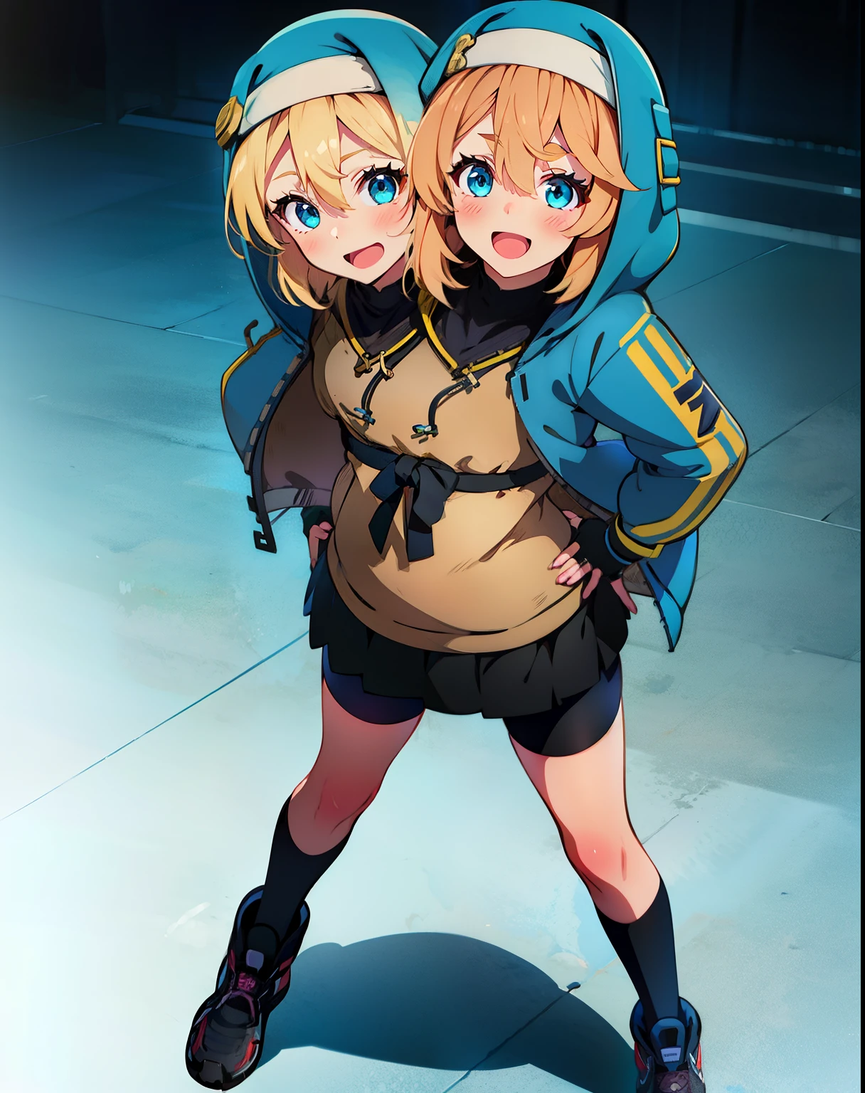 (2heads:1.5), full body,blonde hair,otoko no ko,male focus,1boy,hood,solo,gloves,looking at viewer,fingerless gloves,jacket,hooded jacket,hood up,long sleeves,habit,smile,hair between eyes,blush,black gloves,skirt,open mouth,bangs,blue jacket,bike shorts,simple background,blue eyes,bridget girl, standing, hands on hips, thick thighs