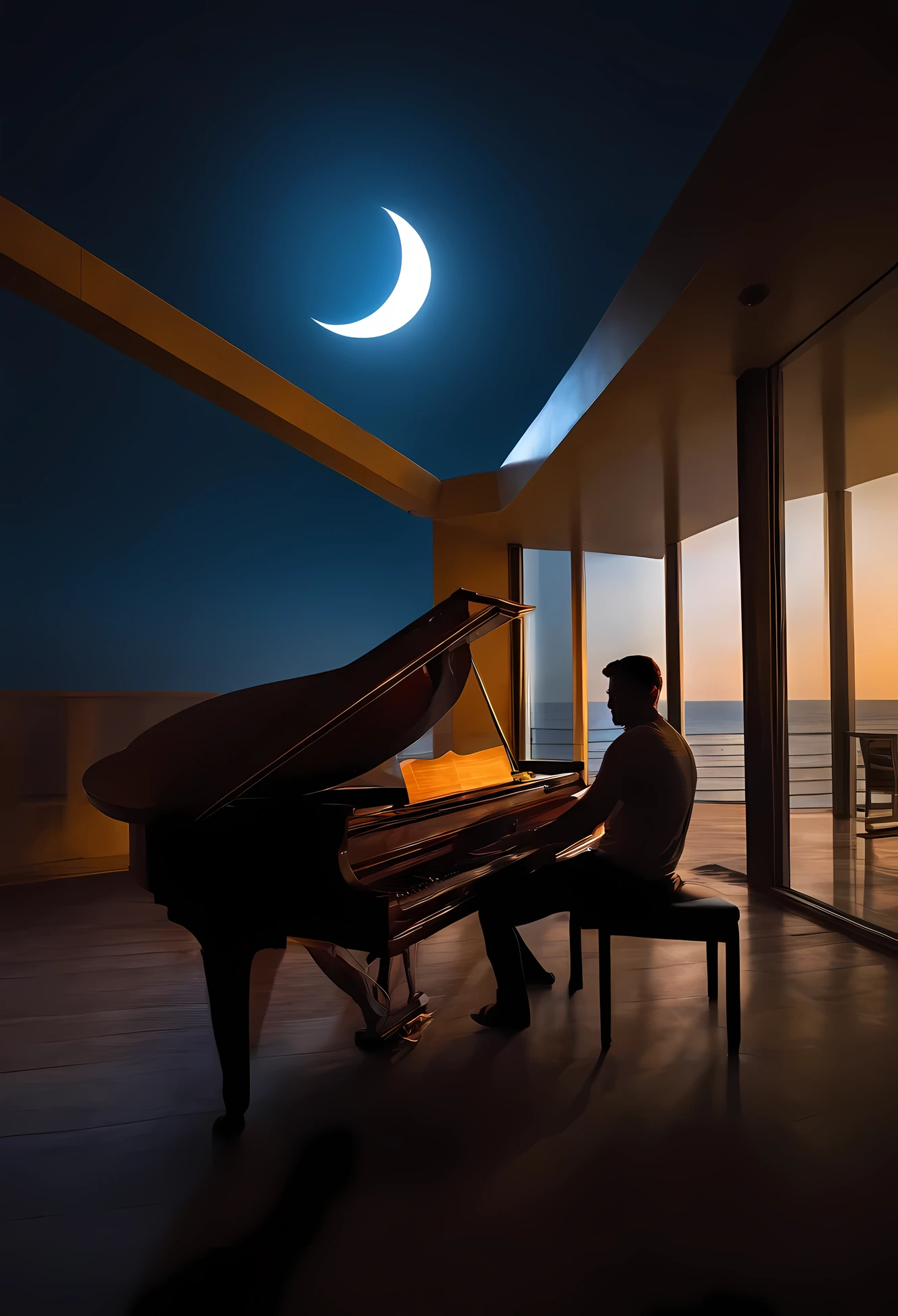 Hombre en un edificio viendo un eclipse en el mar con un piano