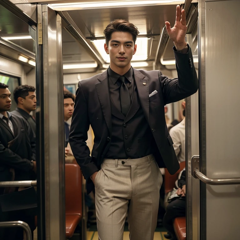 man in the subway,Standing in a subway car,Ultra-flat head,Wearing a suit,huge bulge, leg apart,musculous,Handsome, pervert smirk,exhilarated,full bodyesbian,Exposing thighs, In crowded subway cars, 16k resolution , ultra-high clarity , hyperrealism , ultra hd picture , uhd , details face , details , handsome man , high quality , nsfw , sexy , bare thighs