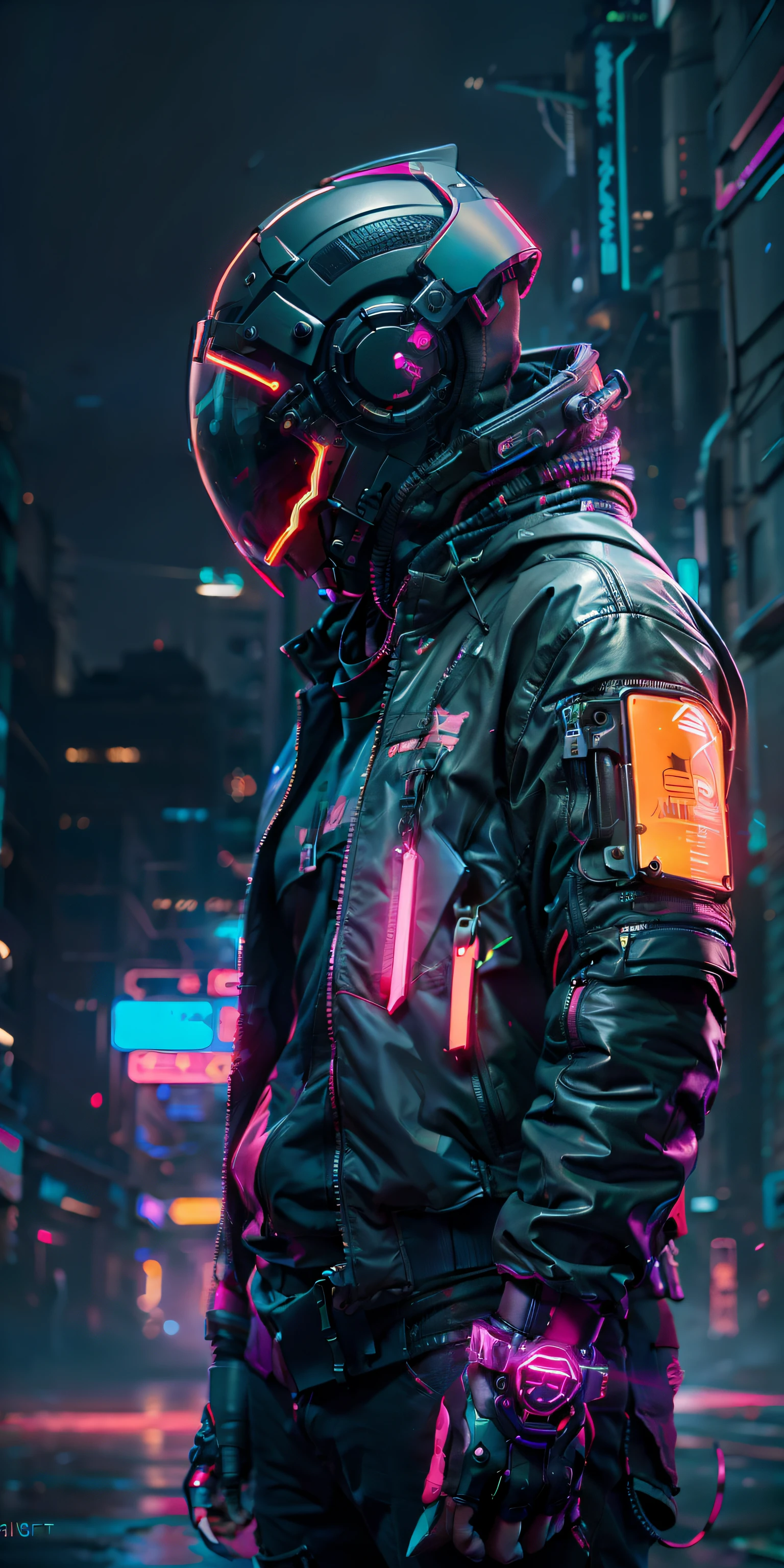 (obra maestra, tiro de cuerpo completo, Intricate raw photography)cyberpunk citizen with oversized tech clothing, usando un casco negro estilo astro daftpunk, neon light details, intrincate, futuristic, nitidez, ramdom pose, ciudad ciberpunk, neon street lights, Insta un poco, photo of the year, renderizado de octanaje, sustancia, maya 3d, cine4D, Tendencias de ArtStation, Tendencias del arte desviado,