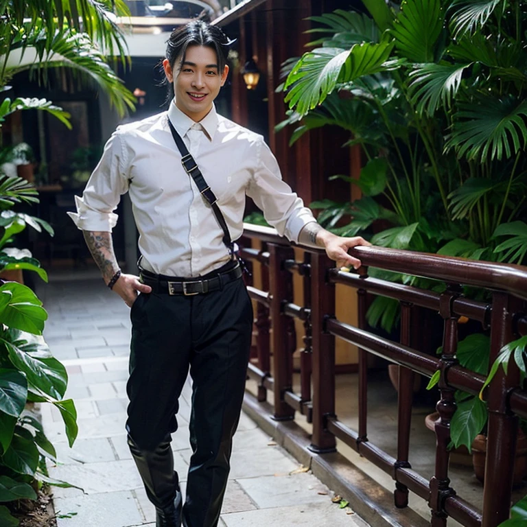 Handsome male, red eyes, black hair, extra hair, horns, chest harness, black pants, black boots, piercings, plants, palace, wings, handsome, smile, soft features, ecstasy, flirty, big bulge in pants