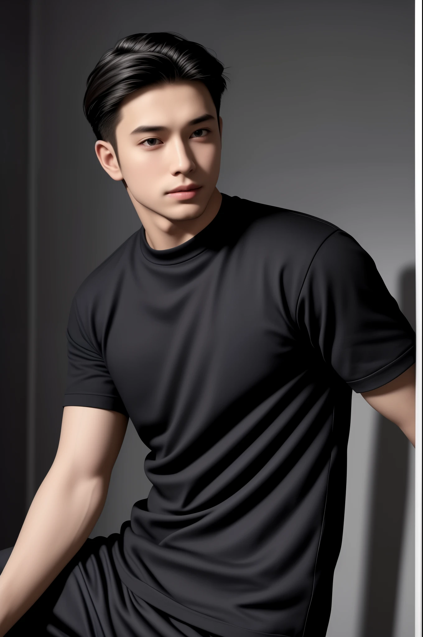 boy wearing a T-shirt, baggy, black shirt, t-shirt, handsome boy, masculine, smart, background flat, flat color, Gray Background, full pants, sweatpants, sweatshirts, baggy clothes