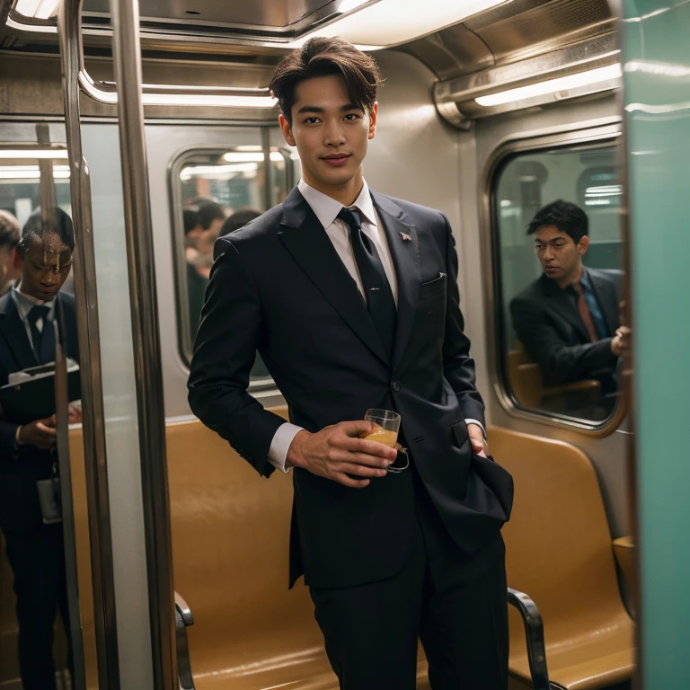 man in the subway,Standing in a subway car,Ultra-flat head,Wearing a suit,huge bulge, leg apart,musculous,Handsome, pervert smirk,exhilarated,full bodyesbian,Exposing thighs, In crowded subway cars, 16k resolution , ultra-high clarity , hyperrealism , ultra hd picture , uhd , details face , details , handsome man , high quality