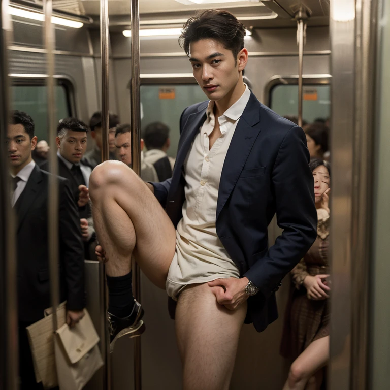 man in the subway，Standing in a subway car，Ultra-flat head，Wearing a suit，huge bulge, leg apart，musculous，Handsome， pervert smirk，exhilarated，full bodyesbian，Exposing thighs， In crowded subway cars， 16k resolution , ultra-high clarity , hyperrealism , ultra hd picture , uhd , details face , details , handsome man , high quality , nsfw , sexy , bare thighs
