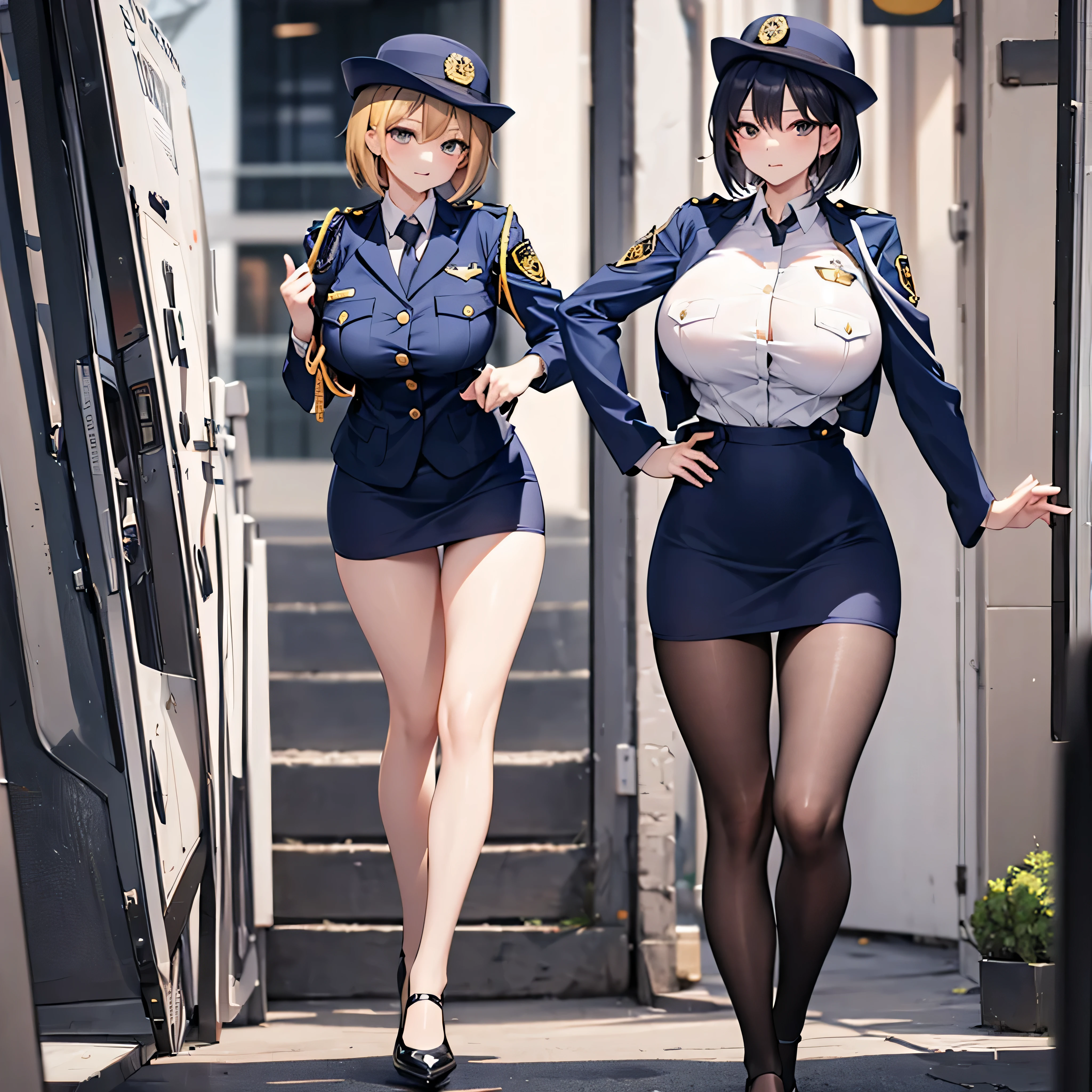 (solo:1.2), (1 policewoman), very tight miniskirt, thigh gap, highheels, narrow shoulders, (bursting disproportionately huge breasts:1.2), narrow waist, (slim hip), (skinny long legs), short hair