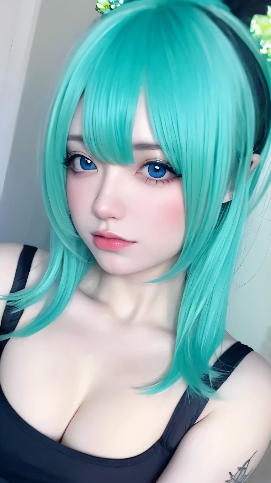 hair ornaments、earrings、tattoo、goth_punk, 1 girl, alone,、highest quality, realistic, Super delicate illustration, beautiful and attractive anime girl, miku hatsune, slender body, tied hair, one girl, girl pictures, full body shot, beautiful blue eyes, looked back,ear nipple rings、hair ornaments、gem、miku hatsune、