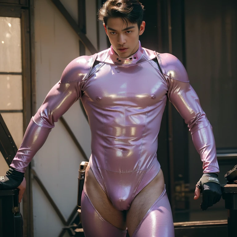 ((Best Quality, 8K, ultra-detailed, Masterpiece: 1.3)), 1boy, shiny skin, sharp, Perfect Body Beauty, realistic shaded perfect body, (handsome face:1.1),("pink bodysuit, big bulge ":1.2),("leggins , armor":1.1),("glove, armor":1.1 ),(techwear)(dynamic pose:1.1), thigh , battle field , (bulge focus:1.2) , details tight bodysuit
