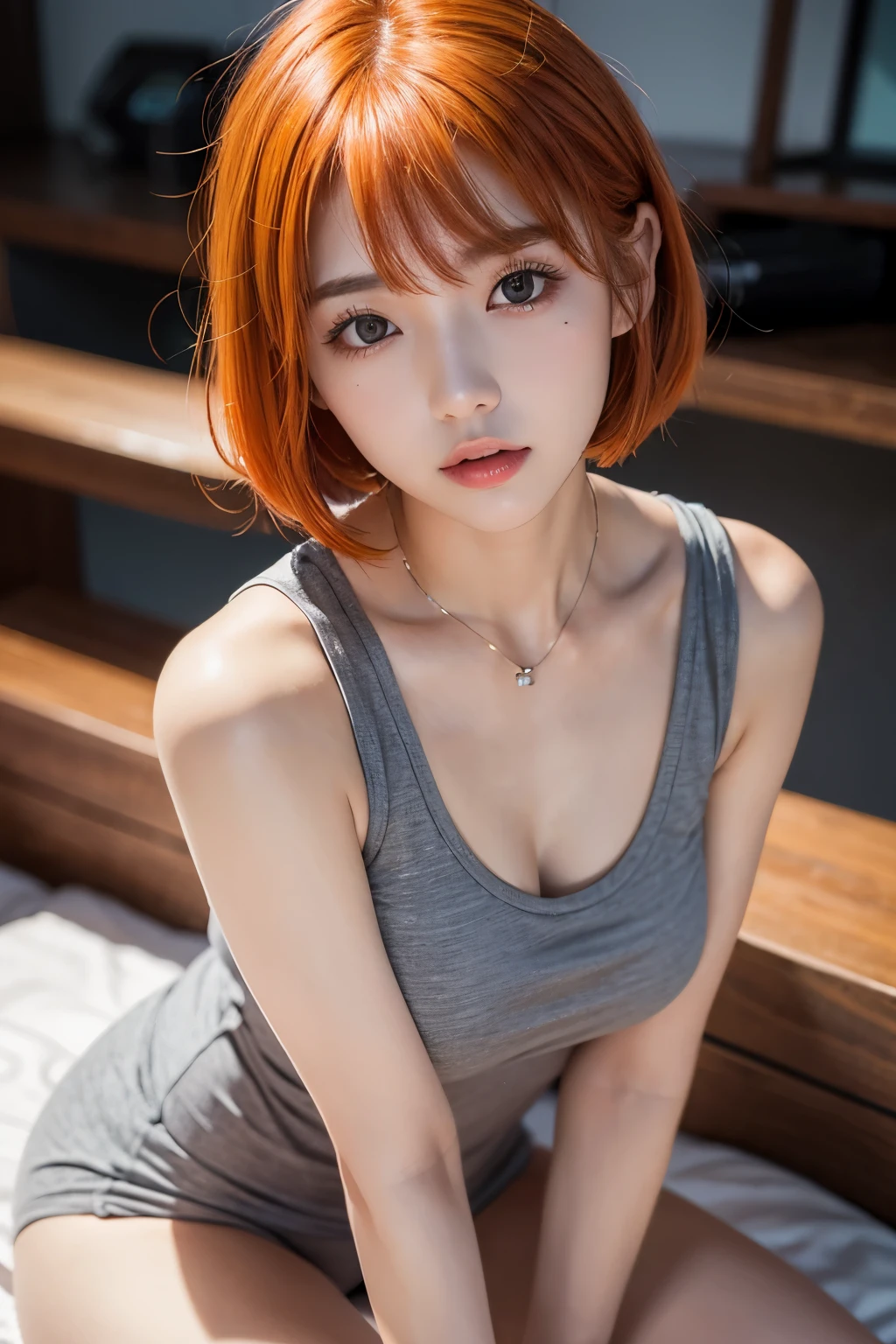 1 girl, Korean young woman, solo, looking at viewer, slightly open lips, beautiful face, (short bob hairstyle), (bright orange hair color), (bright gray eyes), slim youthful body, well-endowed chest, athletic body, casual clothing, high quality, masterpiece, best quality, highest quality, high-res, realistic, (masterpiece:1,2), perfect lighting, (8k:1.1), professional lighting, fully detailed