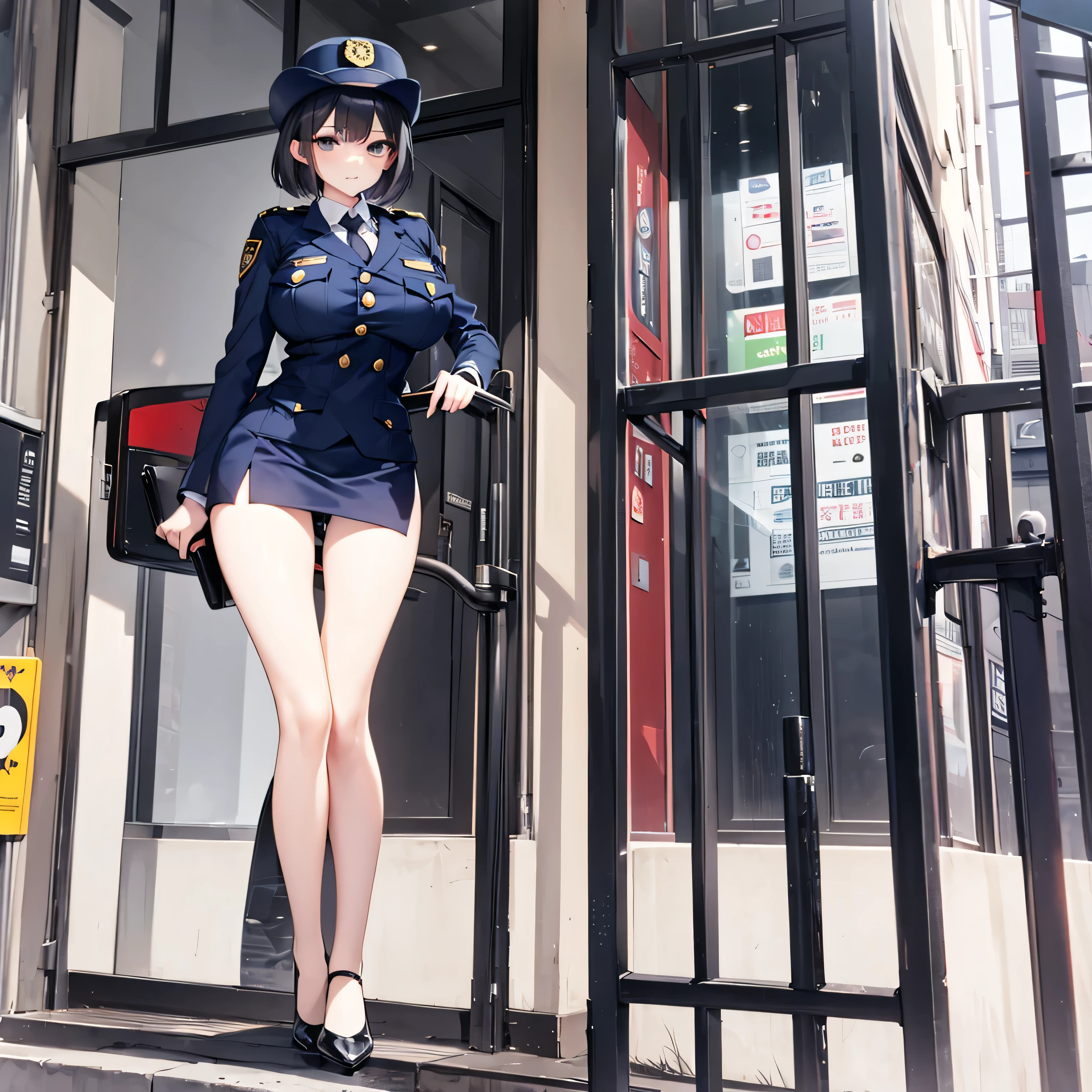(solo:1.2), (1 policewoman), very tight miniskirt, thigh gap, highheels, narrow shoulders, (bursting disproportionately huge breasts:1.2), narrow waist, (slim hip), (skinny long legs), short hair