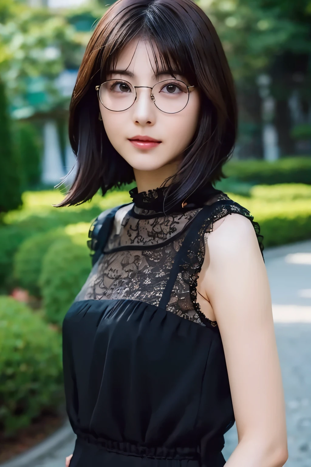 (8K、Raw photography、top-quality、​masterpiece:1.2)、(realisitic、Photorealsitic:1.37)、ultra-detailliert、超A high resolution、1 girl、see the beholder、beautifull detailed face、A smile、Constriction、(Slim waist) :1.3)、Loose-fitting clothes、Beautiful detailed skin、Skin Texture、Floating hair、Professional Lighting、Forest Park、Black square glasses 、Whole human body、Brown hair
