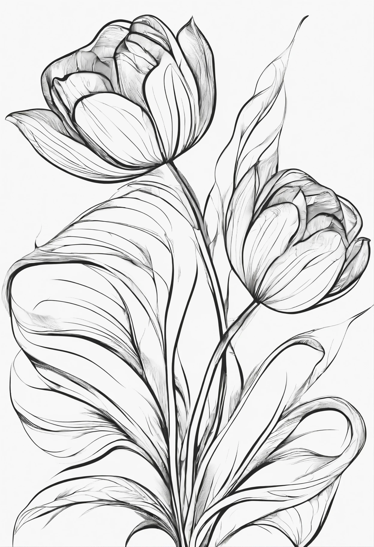 Black and white outline art coloring book pages,  one Tulip flower ,in the medial, ultra details, all white, white background, inside white body, pencil style, white background, only outlines used, hand drawing style, just lines, coloring book, clean lines, background. White, coloring book style , no panting , coloring pages style