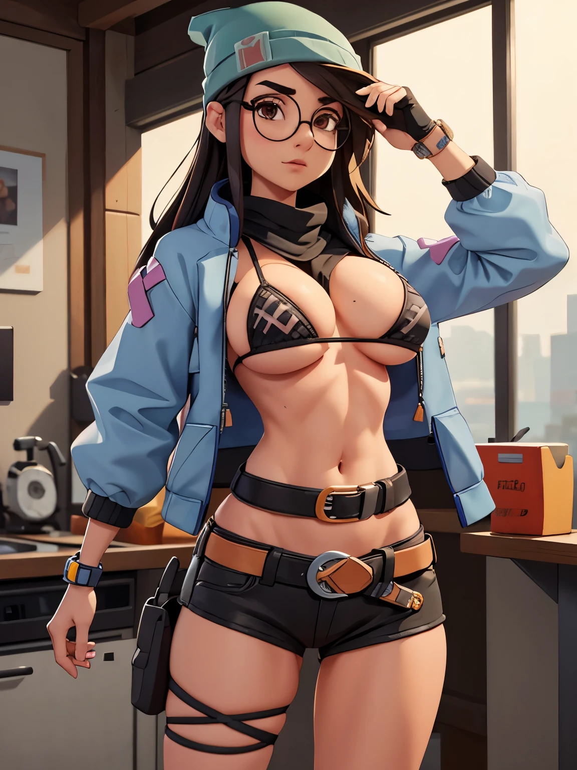 beanie,belt,big breasts,cybernetics,g-string,glasses,high tagia,jacket,micro bikini,revealing clothes,skimpy,visible breasts