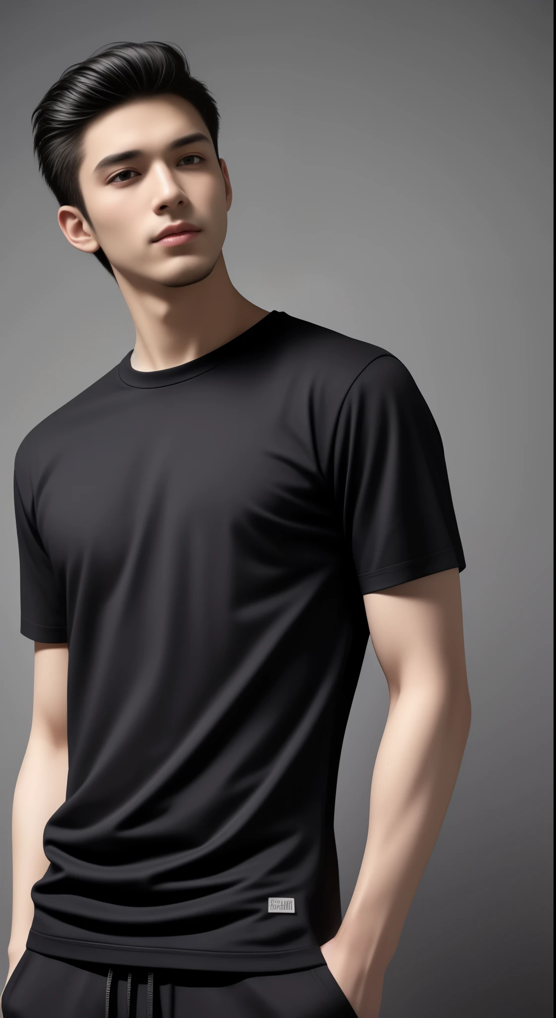 Man wearing a T-shirt, fully covered, baggy, flat black shirt, t-shirt, masculine, handsome, background flat, flat color, Gray Background, full pants, sweatpants, sweatshirts, baggy clothes