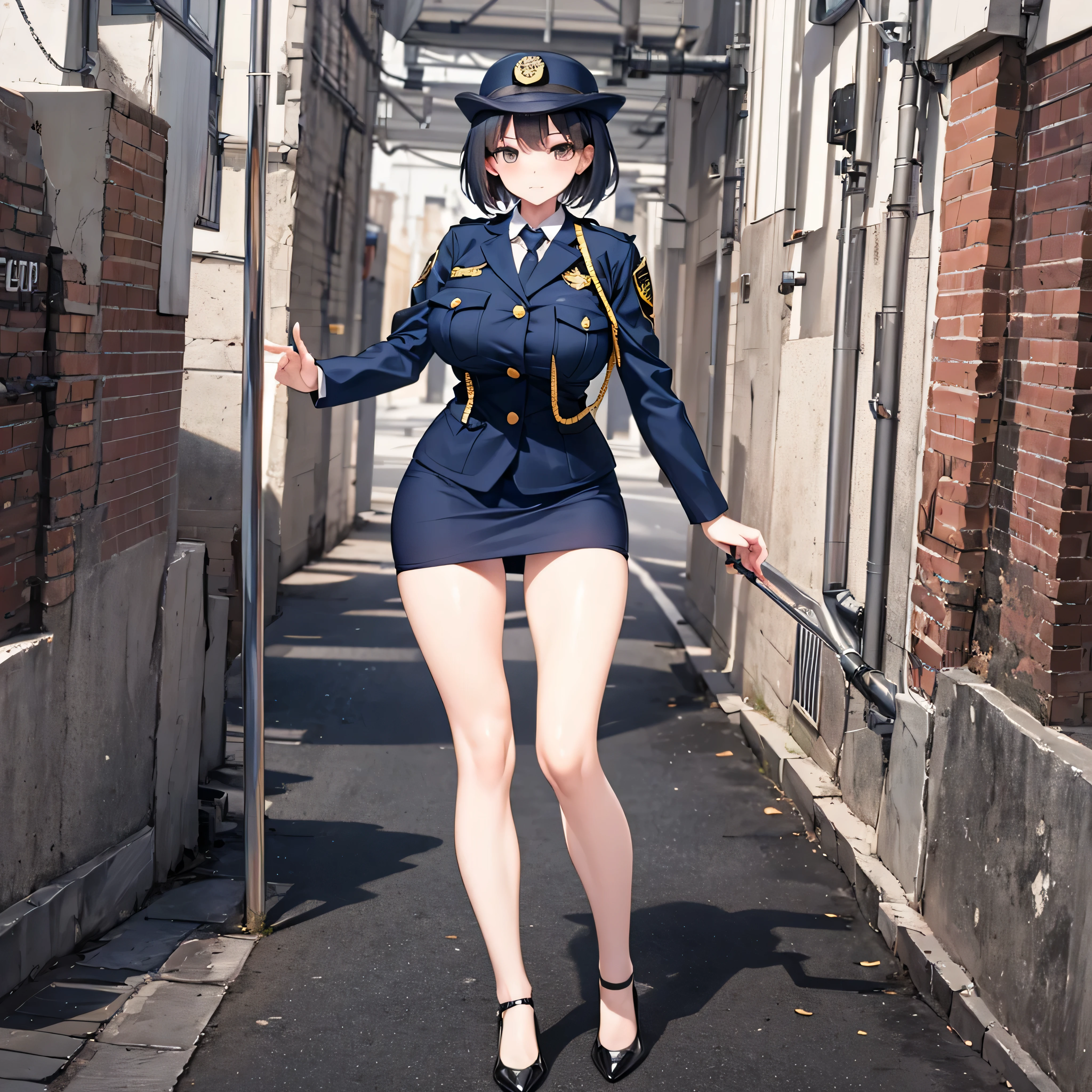 (solo:1.2), (1 policewoman), very tight miniskirt, thigh gap, highheels, narrow shoulders, (bursting disproportionately huge breasts:1.2), narrow waist, (slim hip), (skinny long legs), short hair