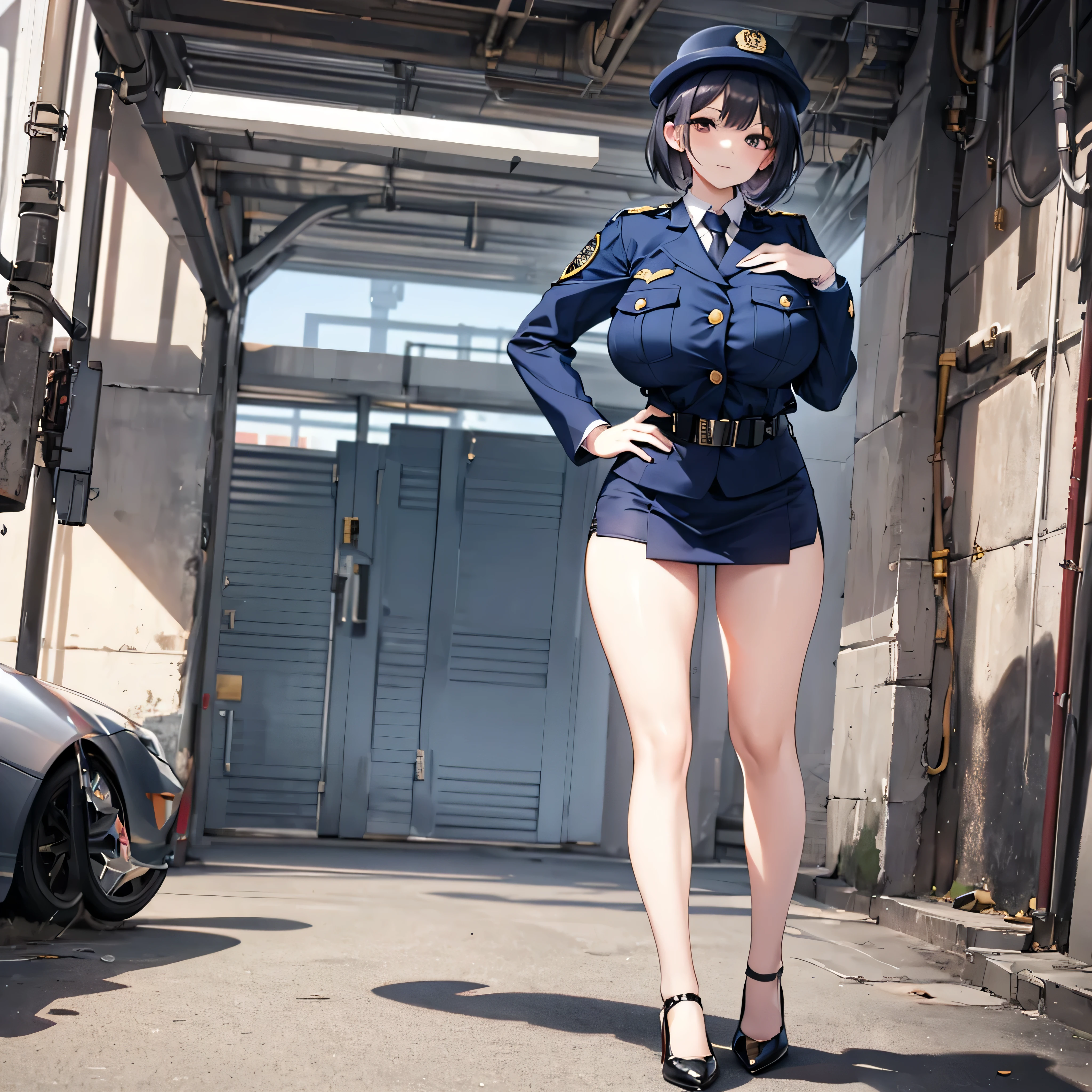 (solo:1.3), (1 policewoman), police uniform, very tight miniskirt, thigh gap, stiletto heels, narrow shoulders, (bursting disproportionately huge breasts:1.2), narrow waist, (slim hip), (skinny long legs), short hair, open legs, pigeon toed, right hand on hip, (orgasm), pussy juice dripping down between thighs