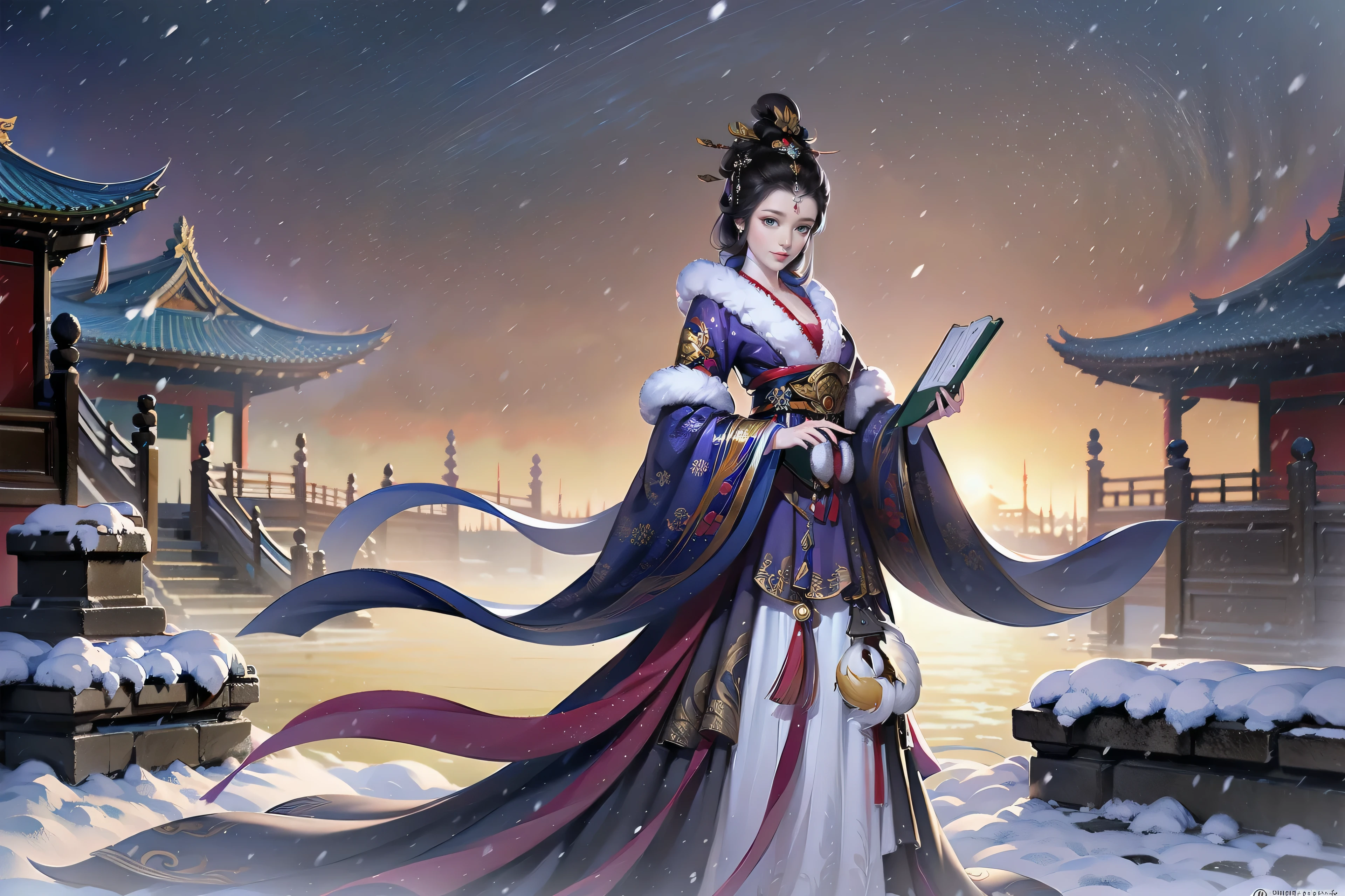 （masterpiece，super detailed，HD details，highly detailed art）1 girl standing in the snow，Stone road，winter，heavy snowfall，alone，Smile，palace，Highly detailed character designs from East Asia，Game character costume design，ultra high resolution, sharp focus, epic work, masterpiece, (Very detailed CG unified 8k wallpaper)，pretty face，beautiful eyes，HD details