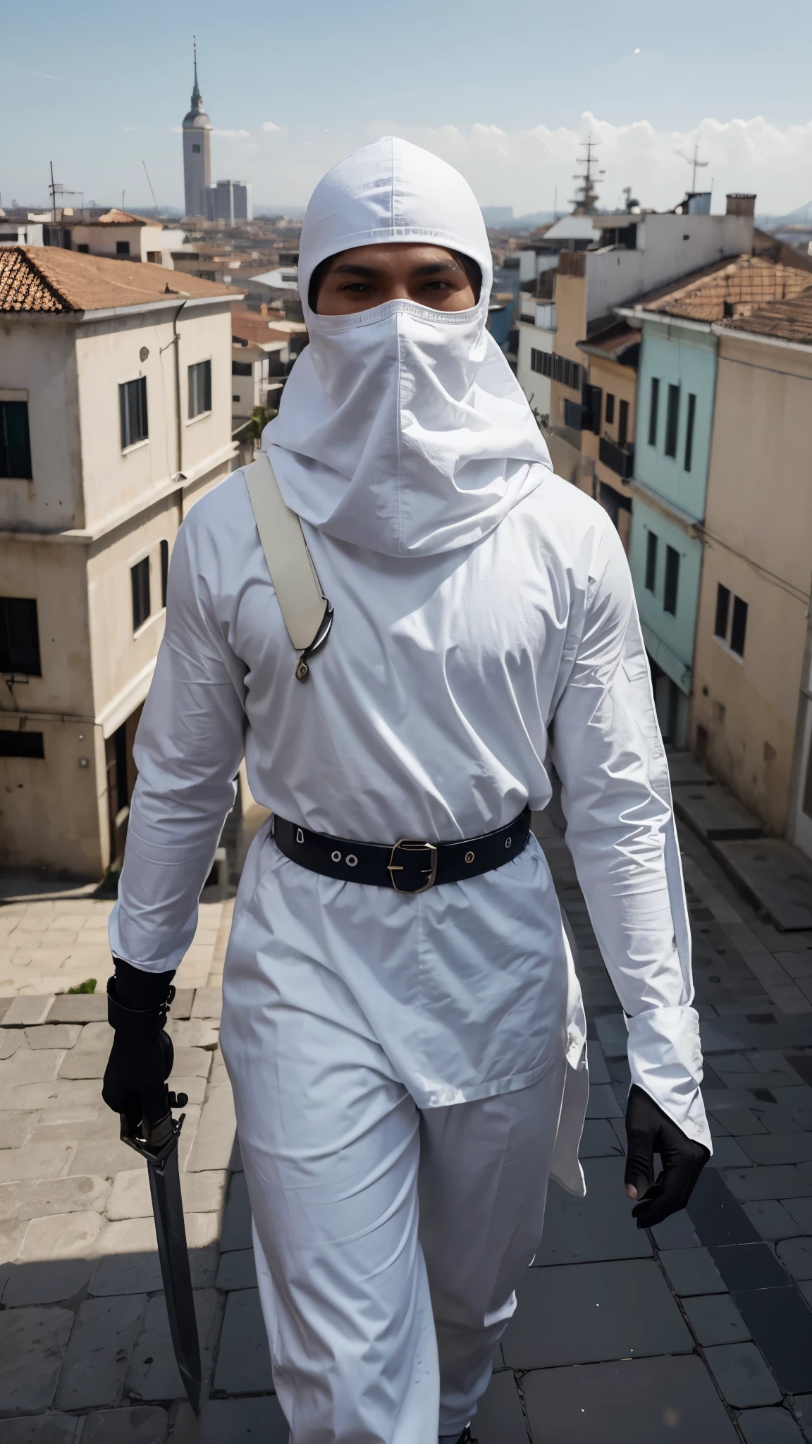 realistic hero, aparencia de um Deus, corpo todo, com uniforme branco, de capa, a sword in each hand, face hidden by a mask, on top of a building, cidade futuristica, is walking towards the screen, tem um capuz, ultra-realistic, 8k, hd