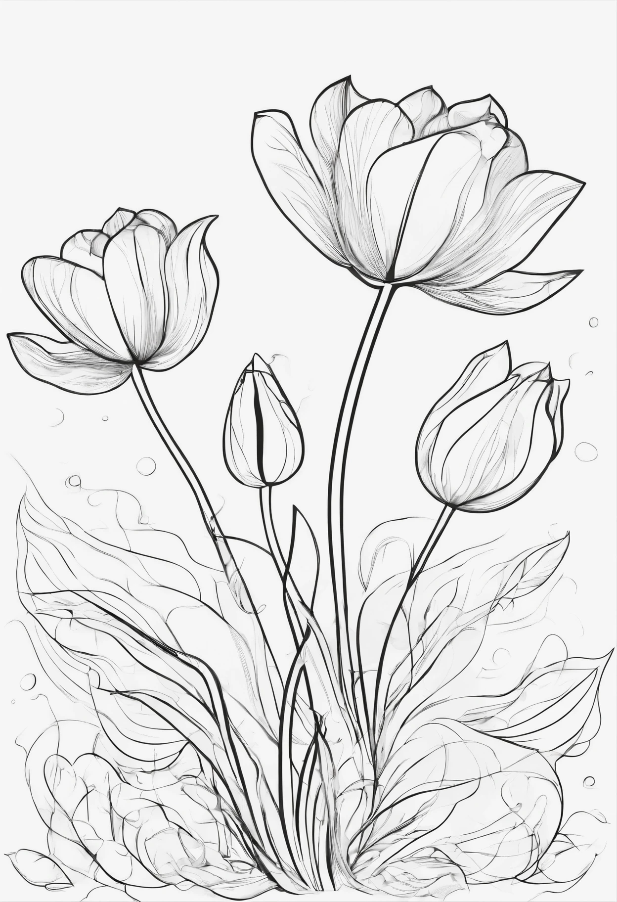 Black and white outline art coloring book pages, one Tulip flower ,in the medial, ultra details, all white, white background, inside white body, pencil style, white background, only outlines used, hand drawing style, just lines, coloring book, clean lines, background. White, coloring book style , no panting , coloring pages style
