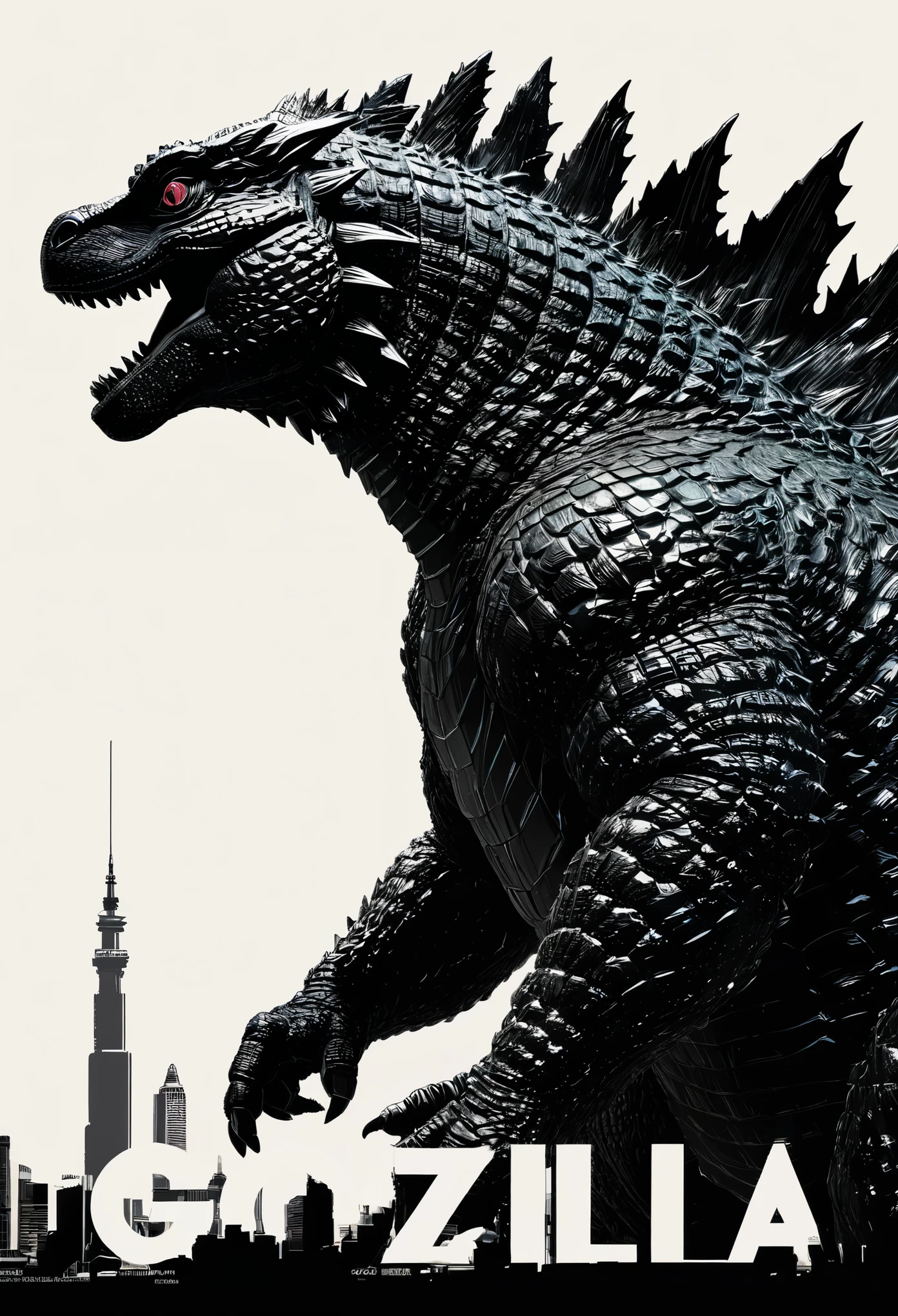 best quality,masterpicec,early，godzilla，from the side，graphic design，flat color，Poster，Vintage white with black tones，Sense of space，distinct colors，The light and shadow are clear，Best work of the year