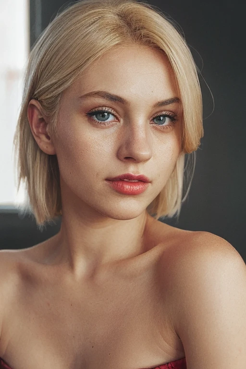 RAW photo, portrait of a beautiful blonde woman wearing a red bikibi (high detailed skin:1.2), 8k uhd, dslr, soft lighting, high quality, film grain, Fujifilm XT3