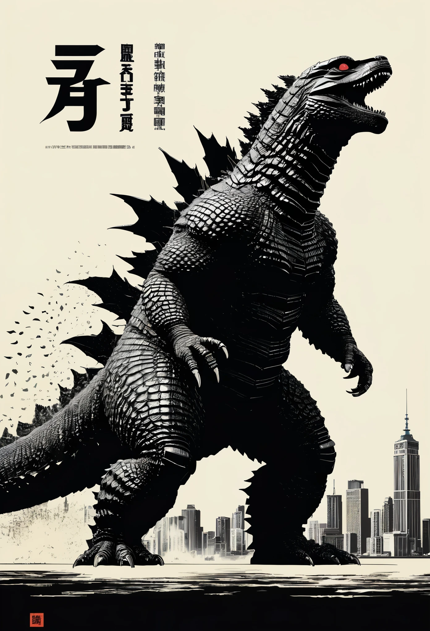 best quality,masterpicec,early，godzilla，from the side，graphic design，flat color，Poster，Vintage white with black tones，Sense of space，distinct colors，The light and shadow are clear，Best work of the year