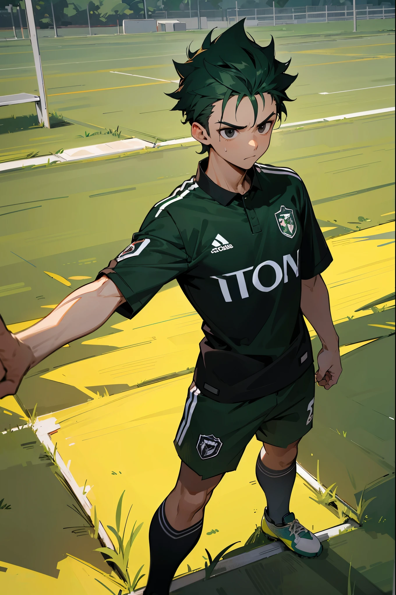 1male, adult, scruffy dark green hair, black eyes, serious, soccer jersey, soccer field background, detailed background, standing on path