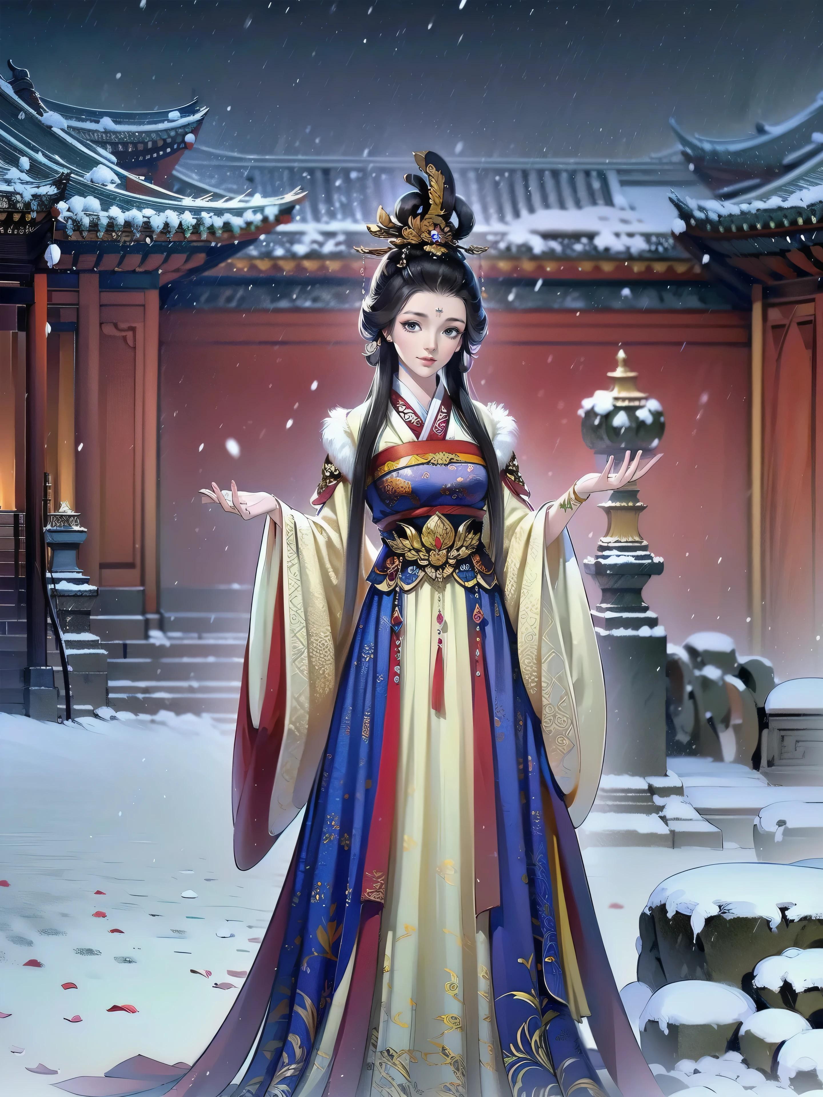 （masterpiece，super detailed，HD details，highly detailed art）1 girl standing in the snow，Stone road，winter，heavy snowfall，alone，Smile，palace，Highly detailed character designs from East Asia，Game character costume design，ultra high resolution, sharp focus, epic work, masterpiece, (Very detailed CG unified 8k wallpaper)，pretty face，beautiful eyes，HD details