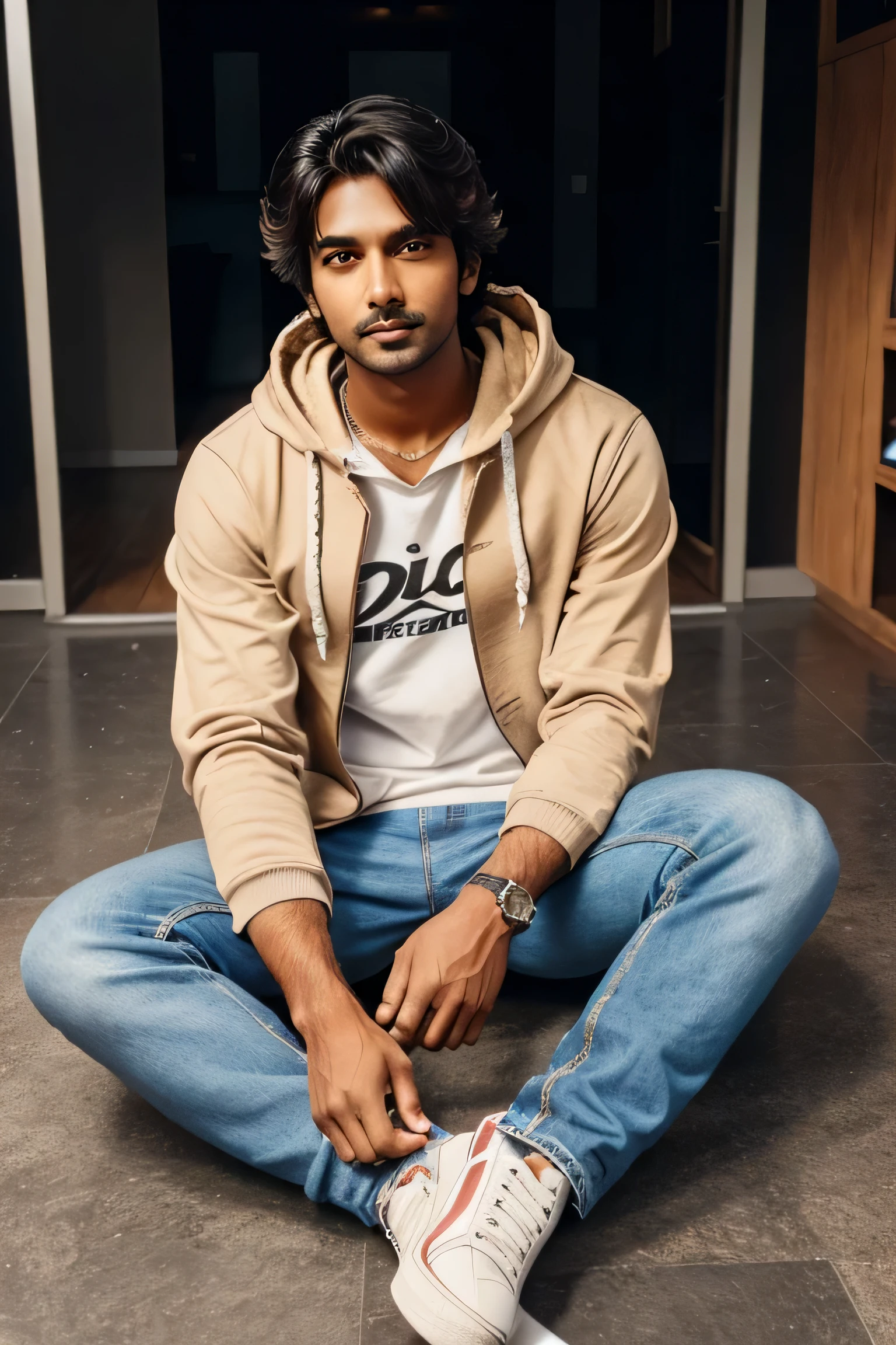 Indian guy, 5ft tall, brown eyes, messy hair, wearing a hoodie and jeans with shoes. average build, a bit skinny