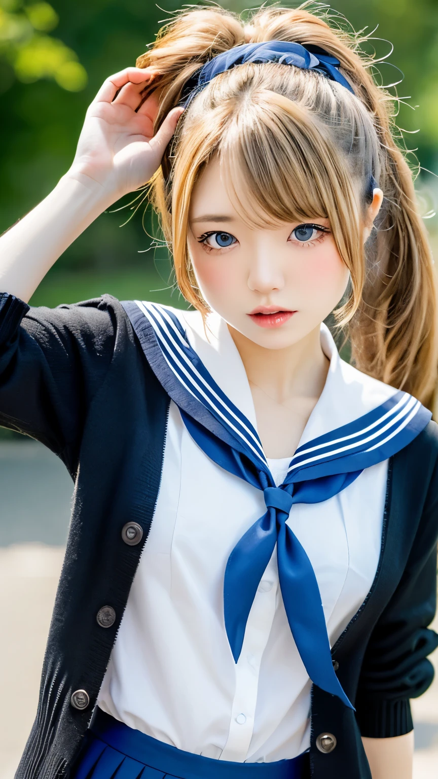 A girl sleepily walking to school、anatomy、one girl、15talented student、Japanese high school student、beige hair、twin tails、Valletta、cute face、beautiful eyes、small nose、small breasts、small breasts、(((sailor suit、slightly longer skirt、cardigan、bag)))、perfect fingers、hand, feet and whole body、autumn park、blurred background、highest quality、masterpiece、Super detailed,High resolution,super dense skin, professional lighting,8K eye details, (cute illustration:1.2),