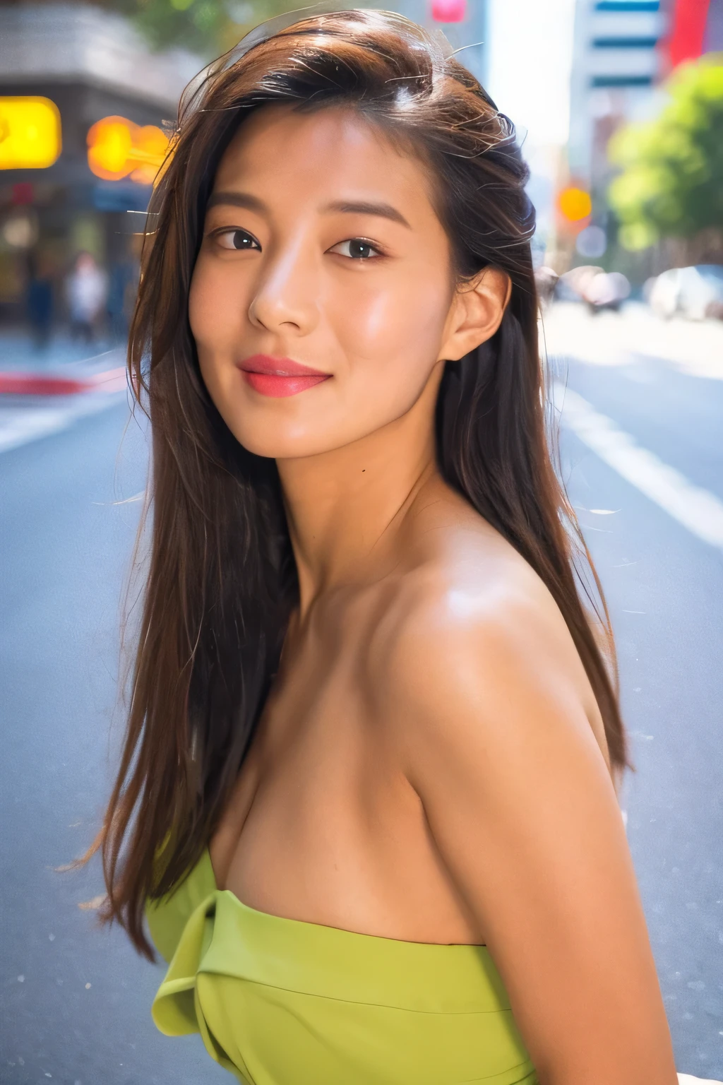 NSFW:1.5,((highest quality、8K resolution、master masterpiece、portrait:1.3)), Photoreal, 35mm film, 1 Japanese female, Upper body,Beautiful woman, on the street during the day, wrinkles around the eyes, plump body、smile,((topless_naked:1.3)) , (outdoor:city street 1.3), jumbled background,look at the audience,Tokyo cityscape:1.3,smile